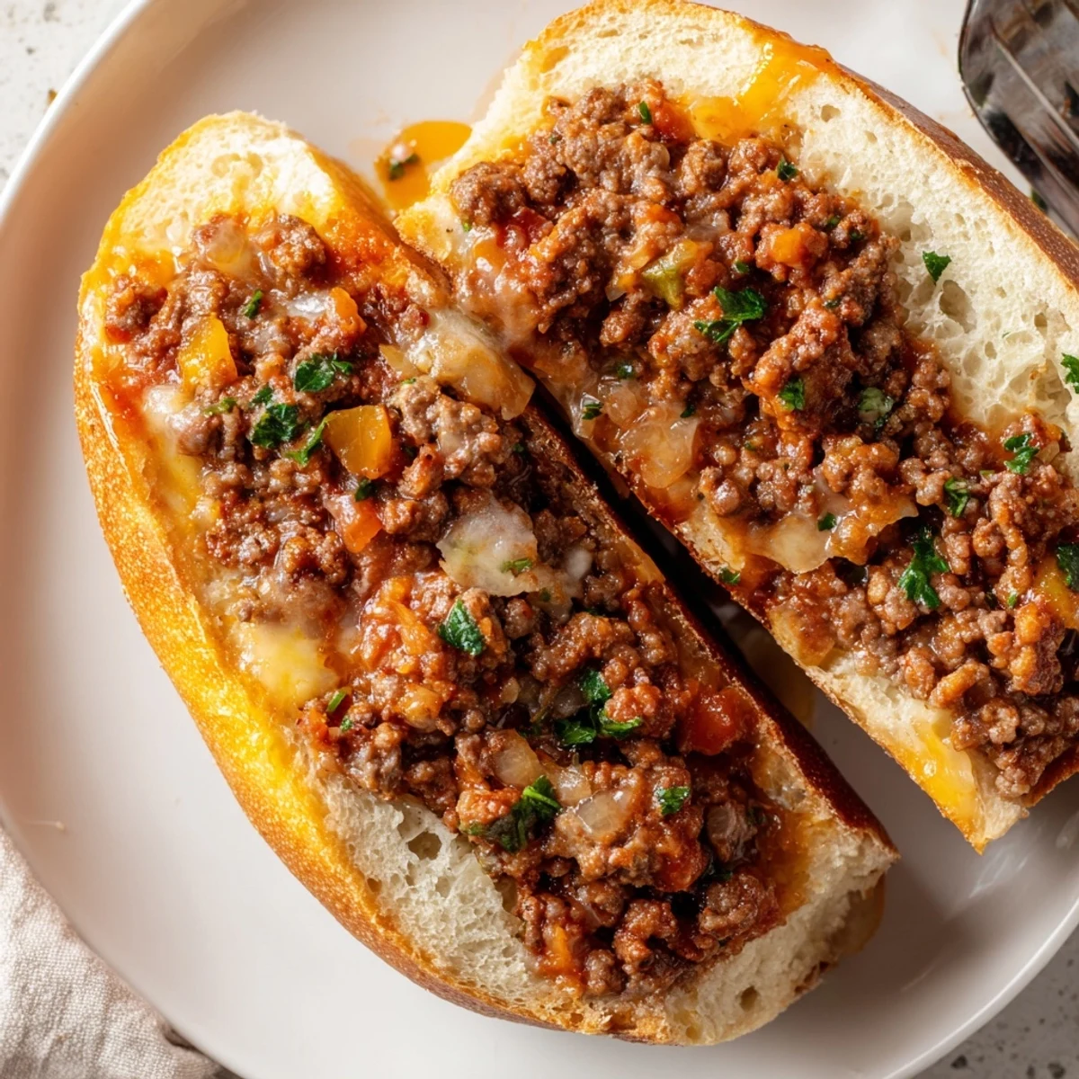 Garlic Bread Sloppy Joes piled hot on a cutting board, melted cheese.