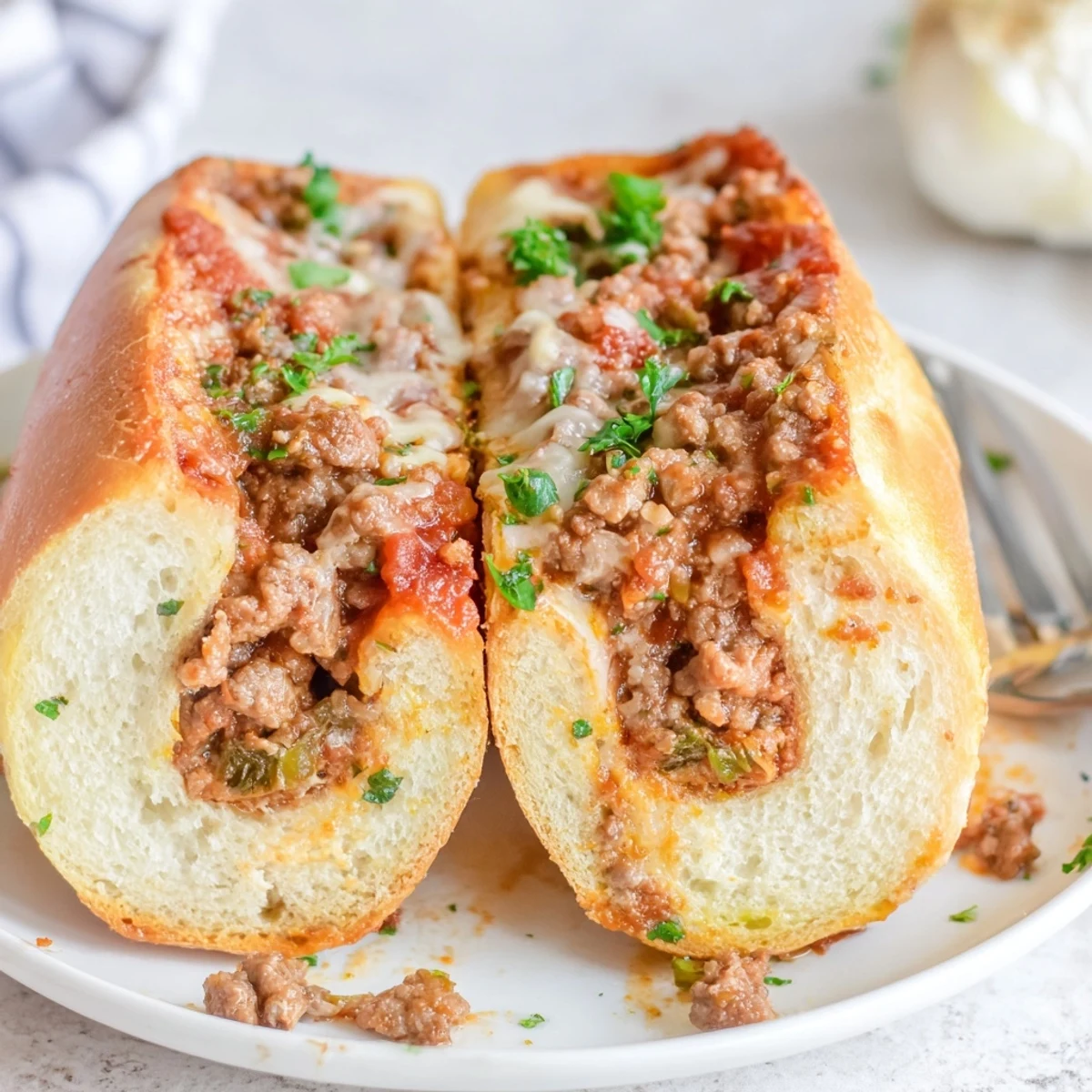 Warm Garlic Bread Sloppy Joes with buttery crust and tangy tomato filling.