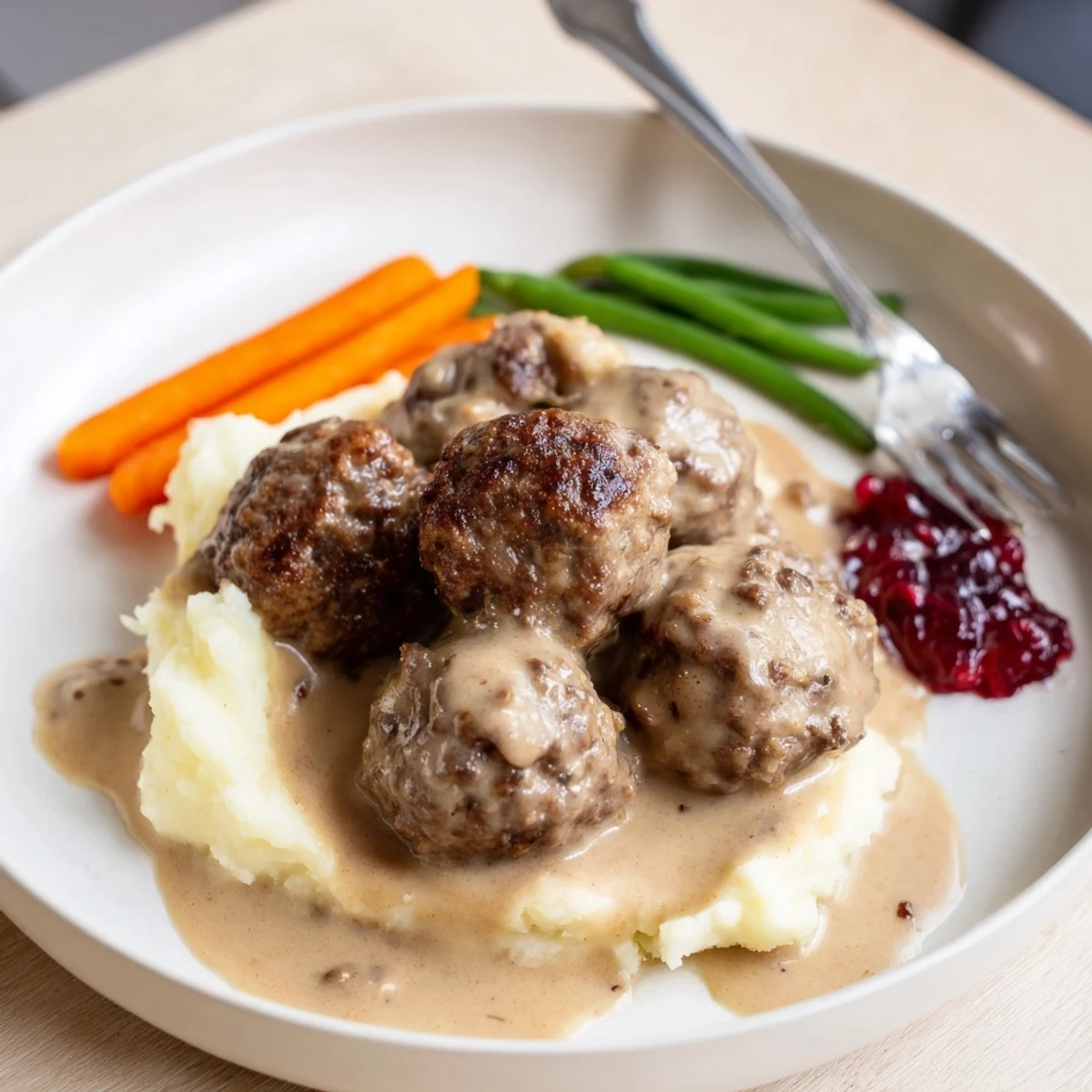 Savory Homemade Ikea Meatballs nestled on mashed potatoes with tart lingonberry jam