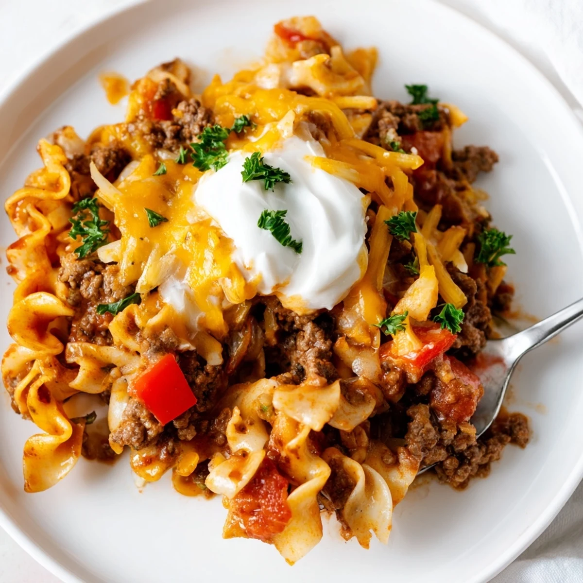 Beef Noodle Casserole bubbling with melted cheddar, golden edges, served with parsley
