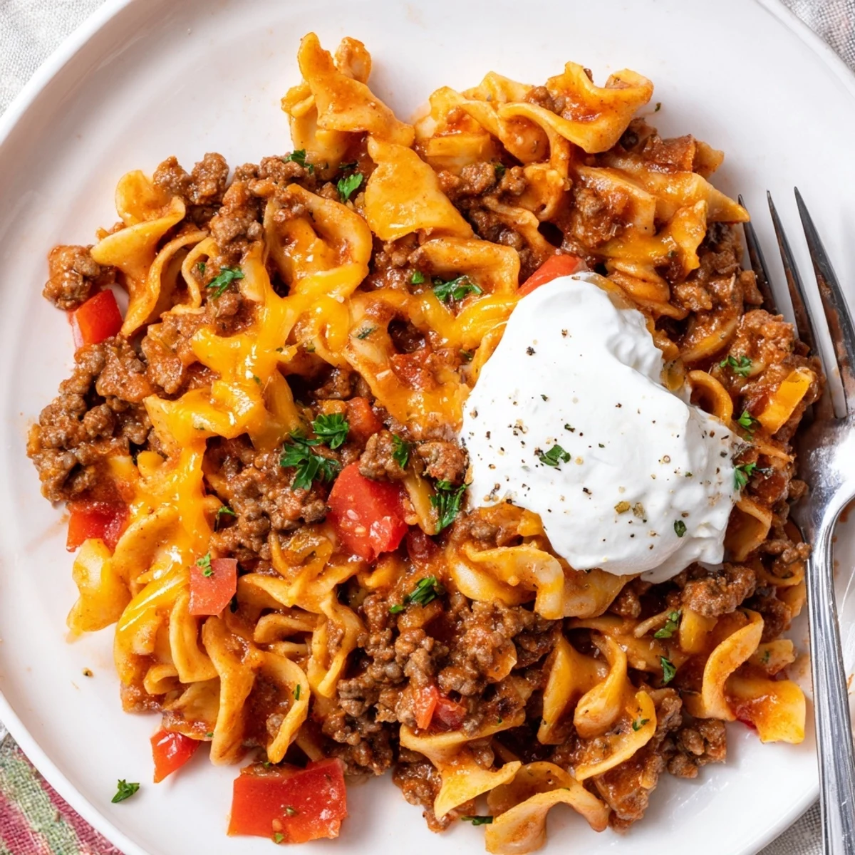 Hearty Beef Noodle Casserole in a baking dish, steam rising, ready to serve