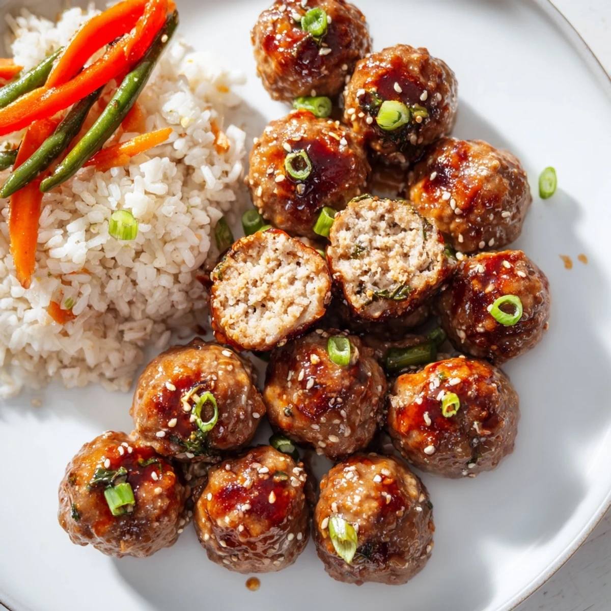 Bowl of Hello Fresh Firecracker Meatballs nestled with crisp sautéed vegetables, sesame seeds