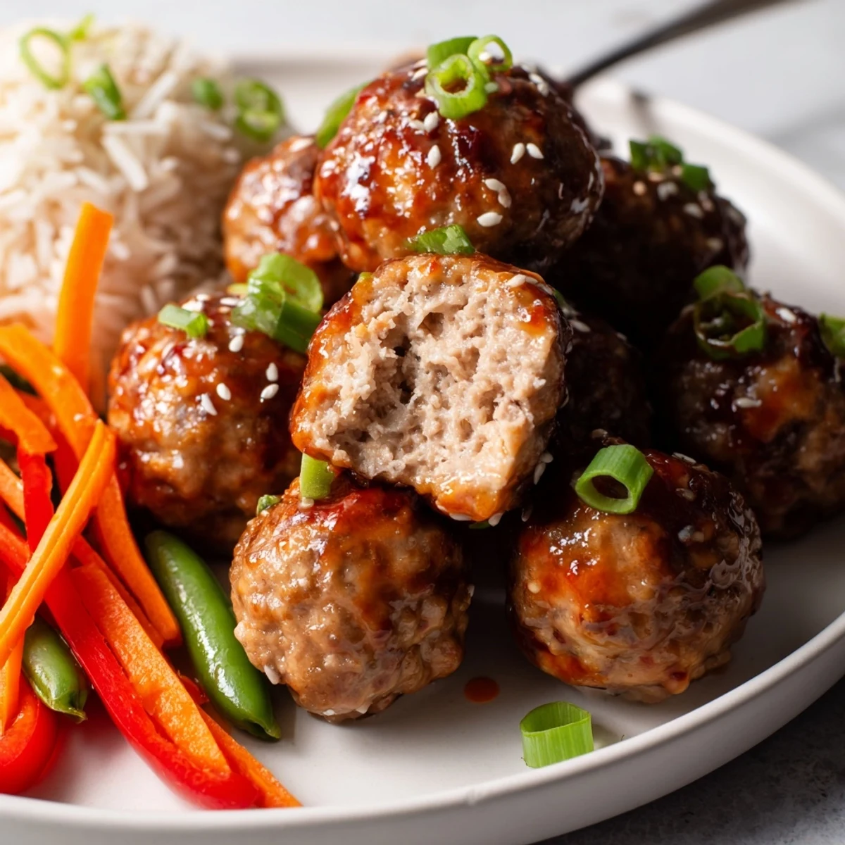 Plateful of Hello Fresh Firecracker Meatballs tossed in fiery sauce for weeknight dinner