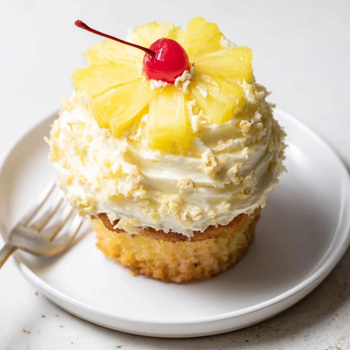 Bright Dole Whip Cupcakes Recipe plated with maraschino cherry and dried pineapple