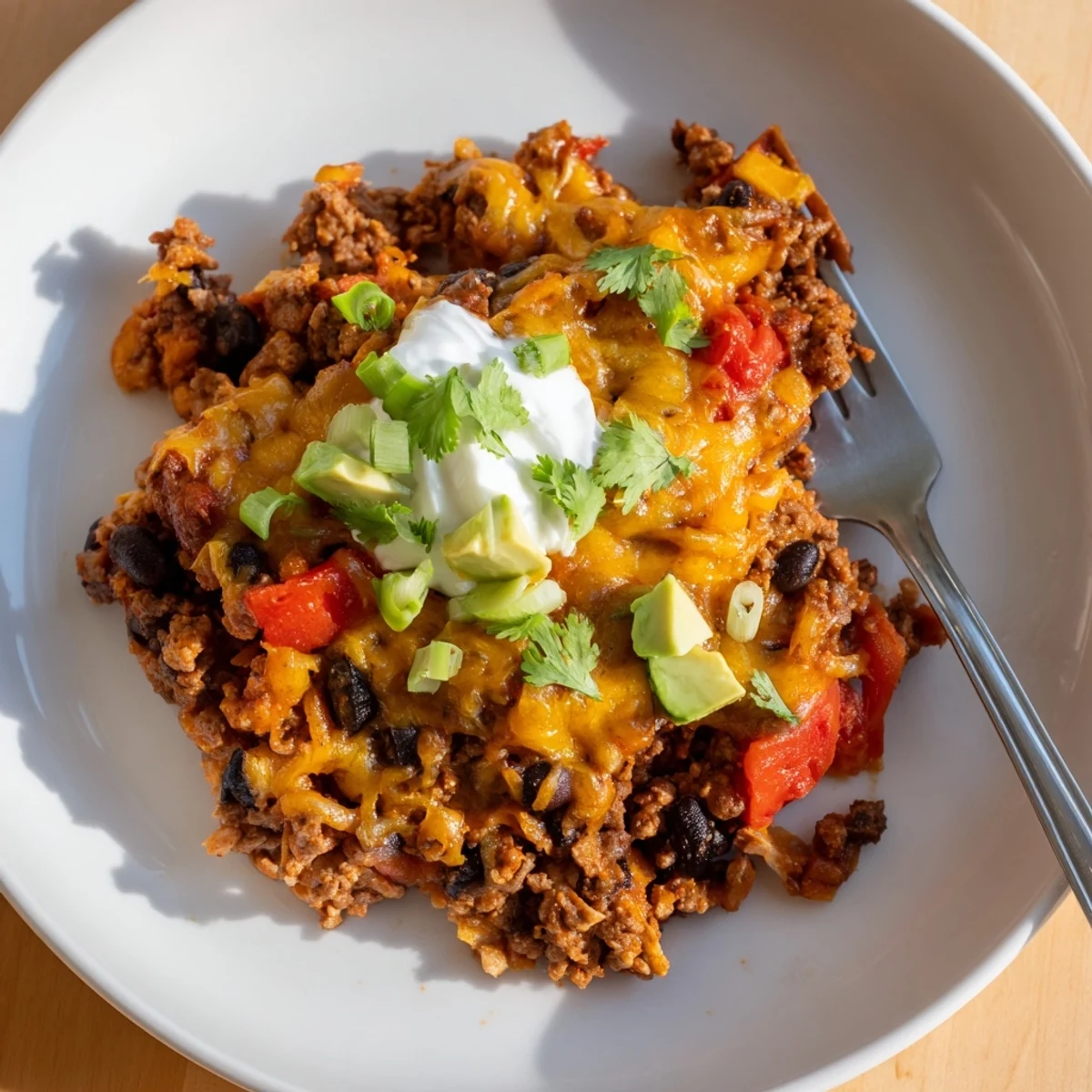 Beef Skillet Enchiladas sizzling in skillet with melted cheese and cilantro
