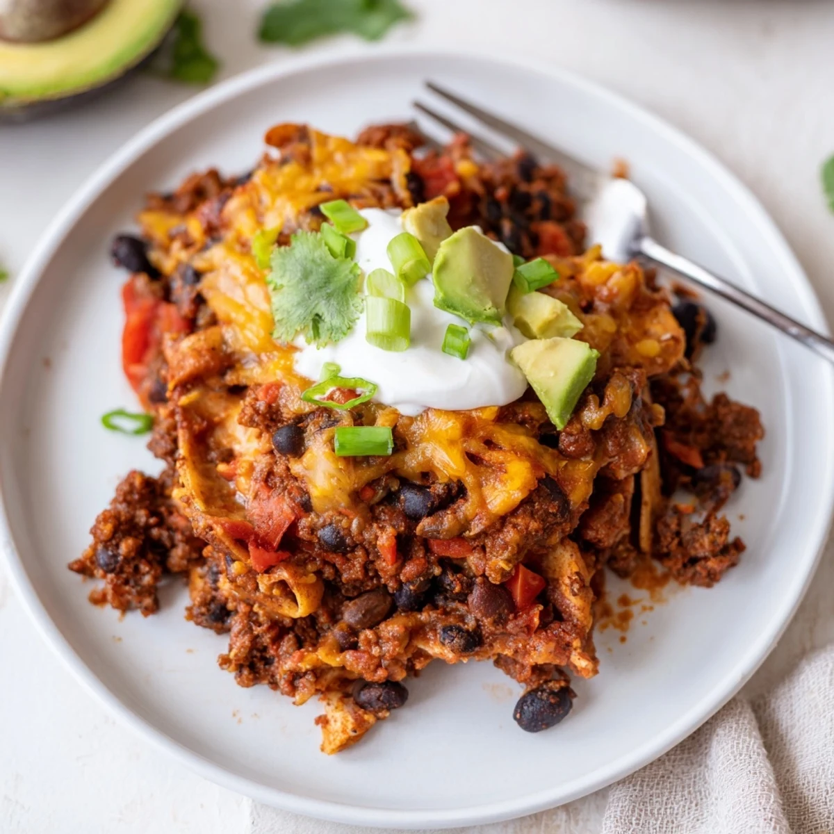 Warm Beef Skillet Enchiladas topped with avocado, sour cream, and scallions