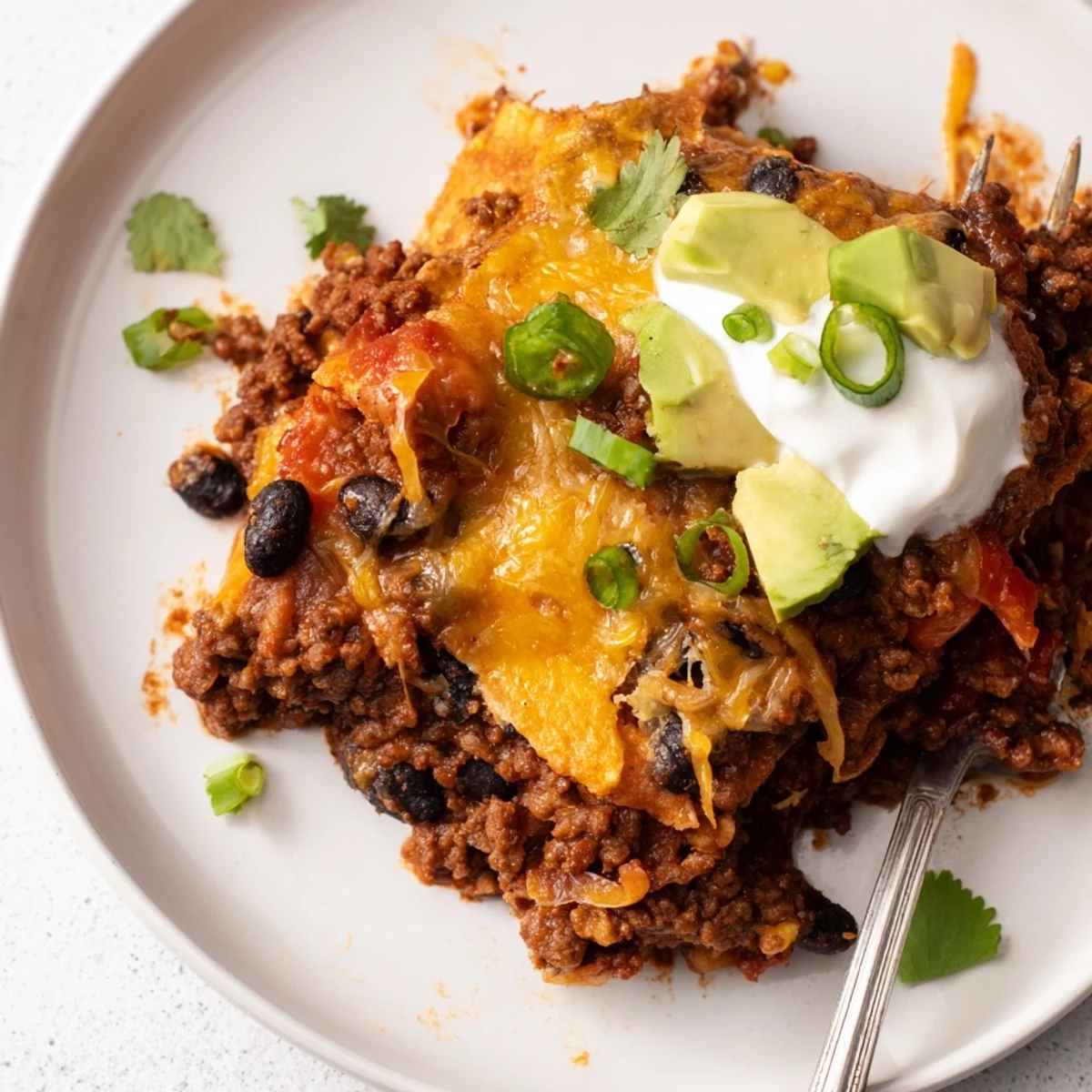 Bubbling Beef Skillet Enchiladas layered with corn tortillas, beans, melted cheese