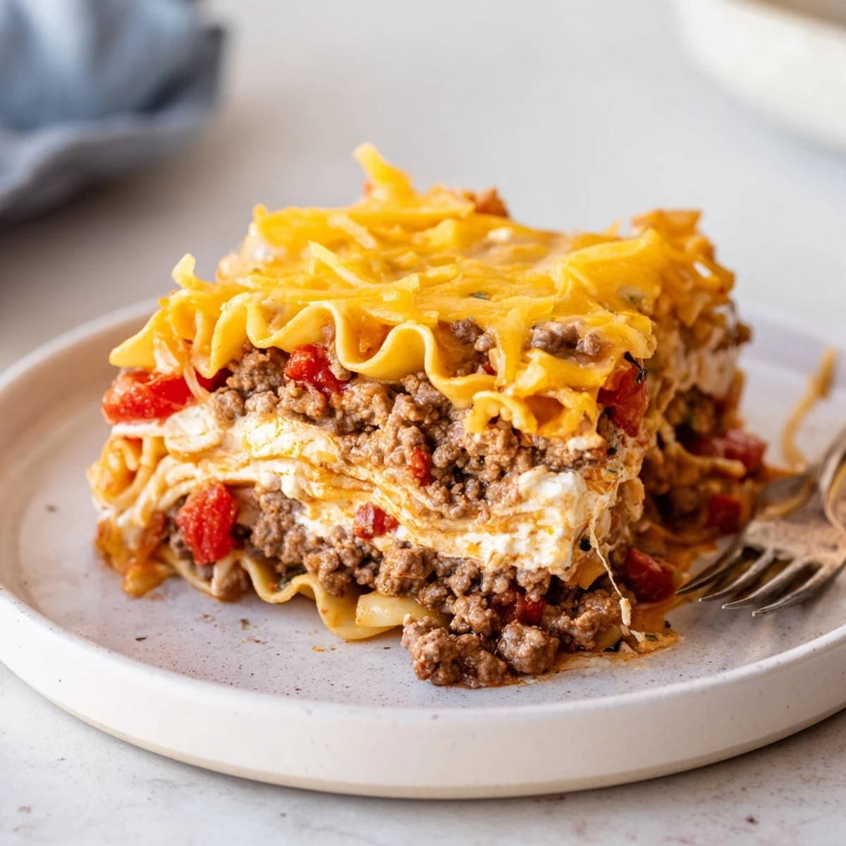 Sliced Beef Lombardi Casserole showing creamy cottage cheese layers and seasoned beef