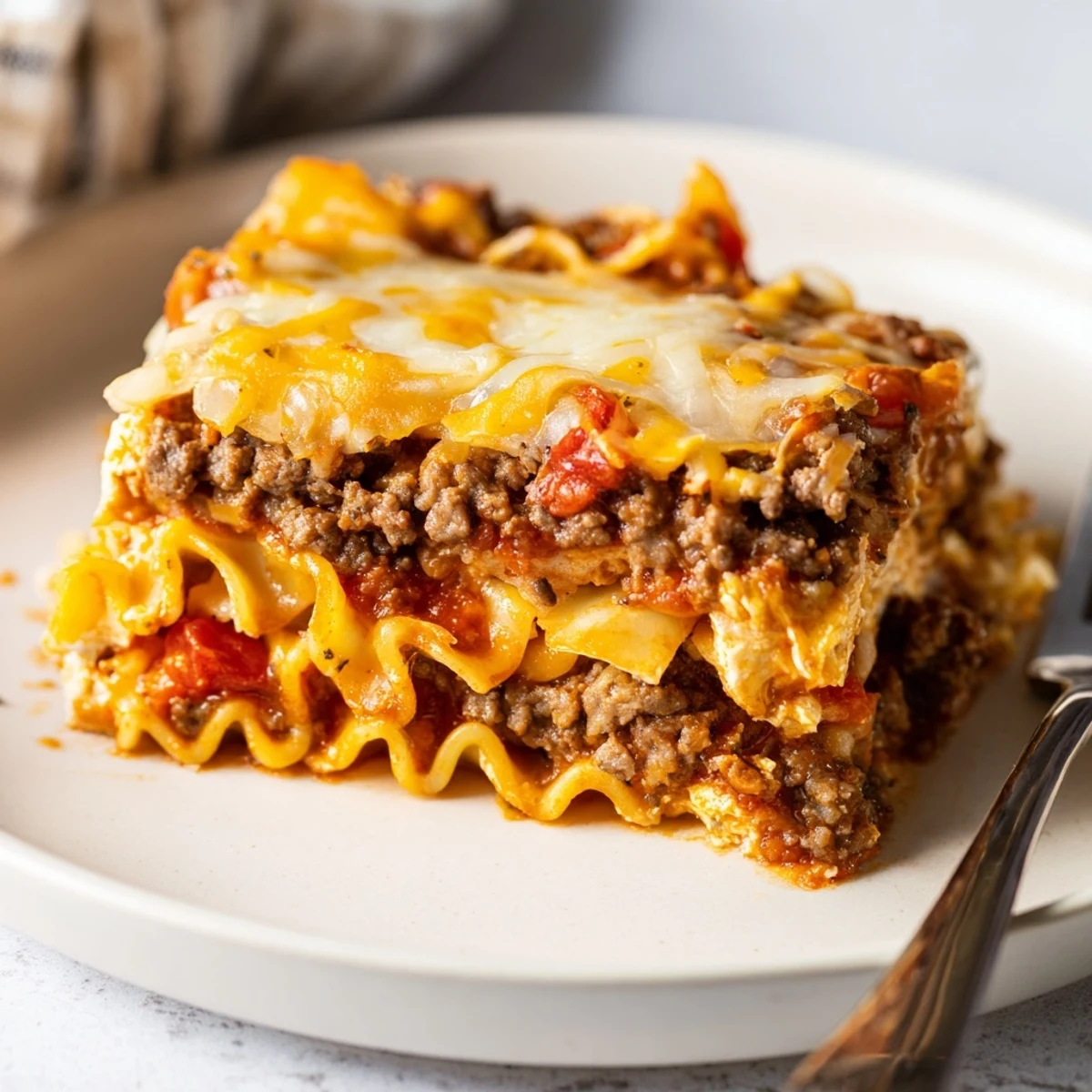 Beef Lombardi Casserole bubbling golden with melted cheddar, resting for easy serving