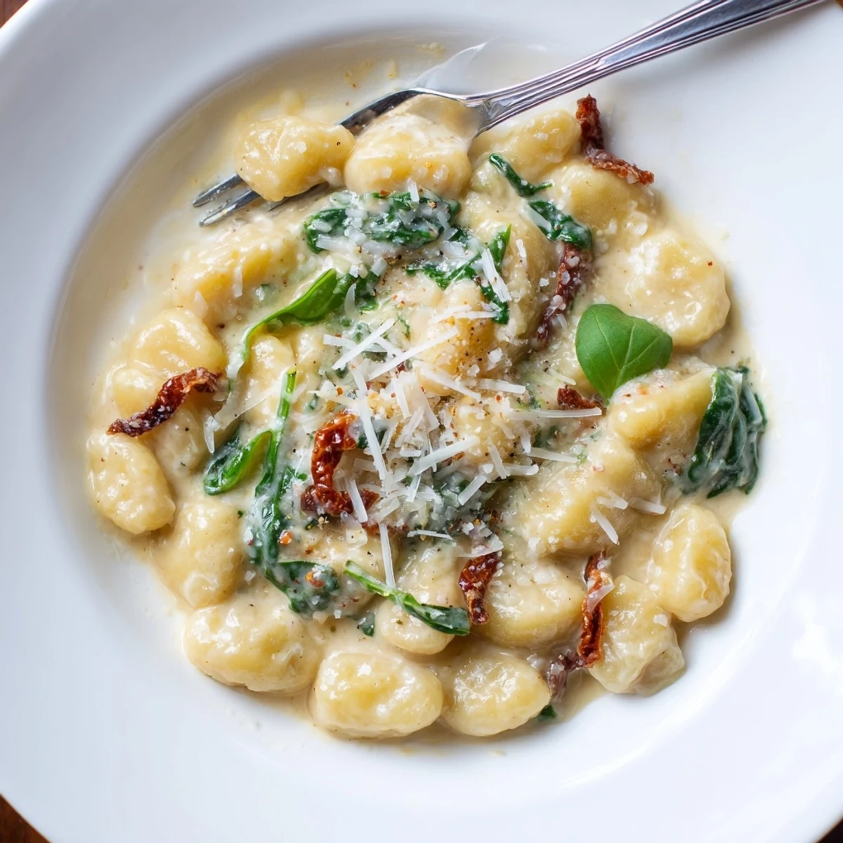 Creamy Marry Me Gnocchi in skillet with sun-dried tomatoes and basil