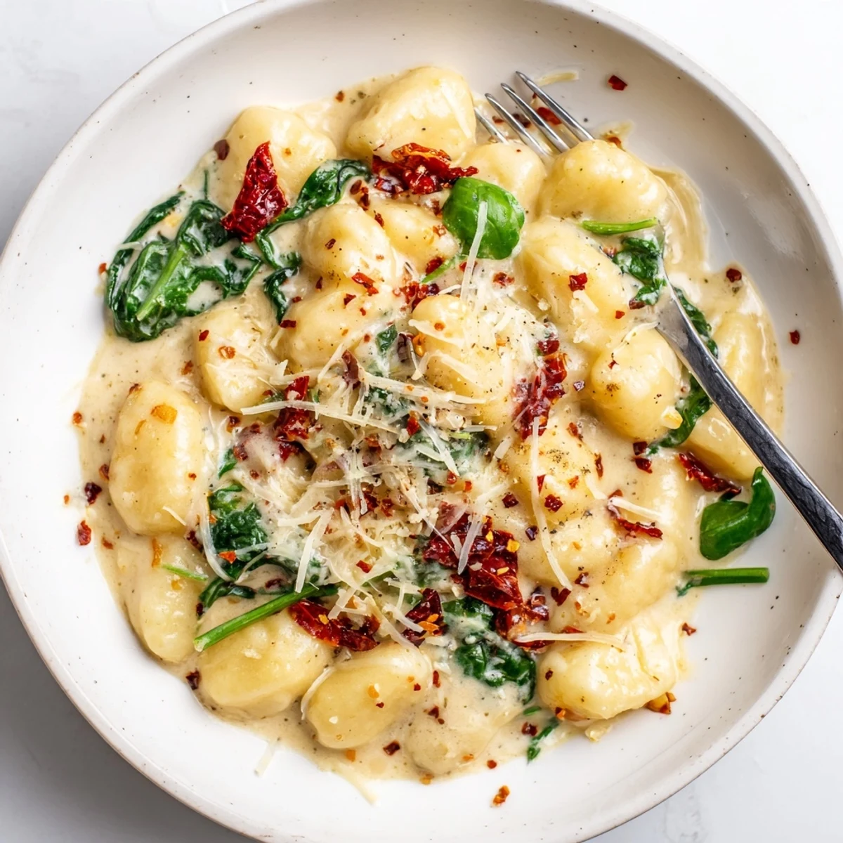 Weeknight Marry Me Gnocchi ready to serve with crusty bread and basil