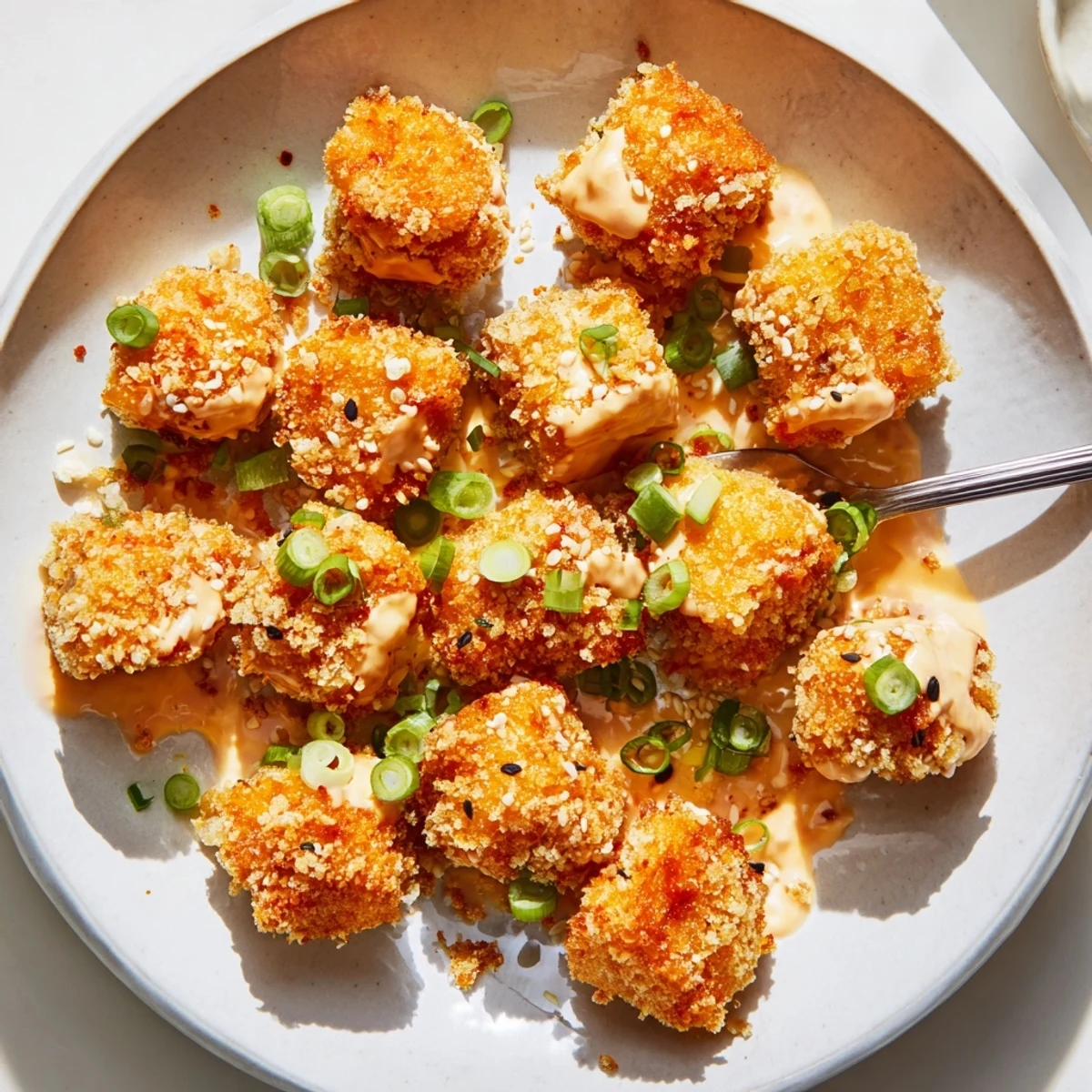 Golden, crispy cubes tossed in creamy sauce — Bang Bang Salmon Bites Recipe