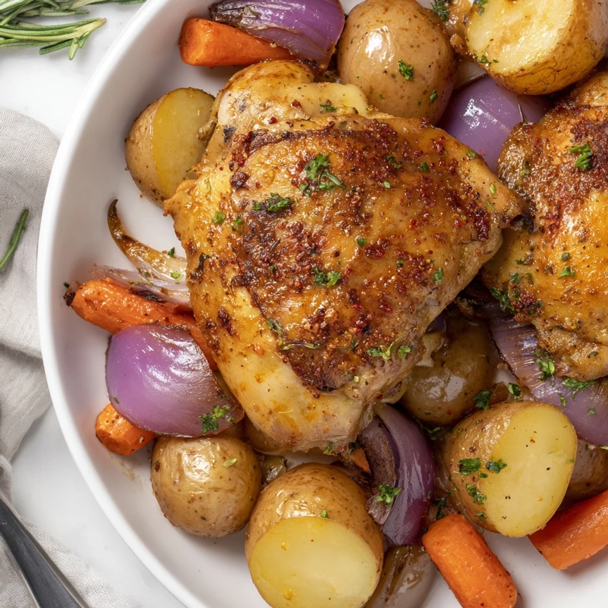 Sheet Pan Chicken And Potatoes resting on parchment, golden skin, herb-scented vegetables