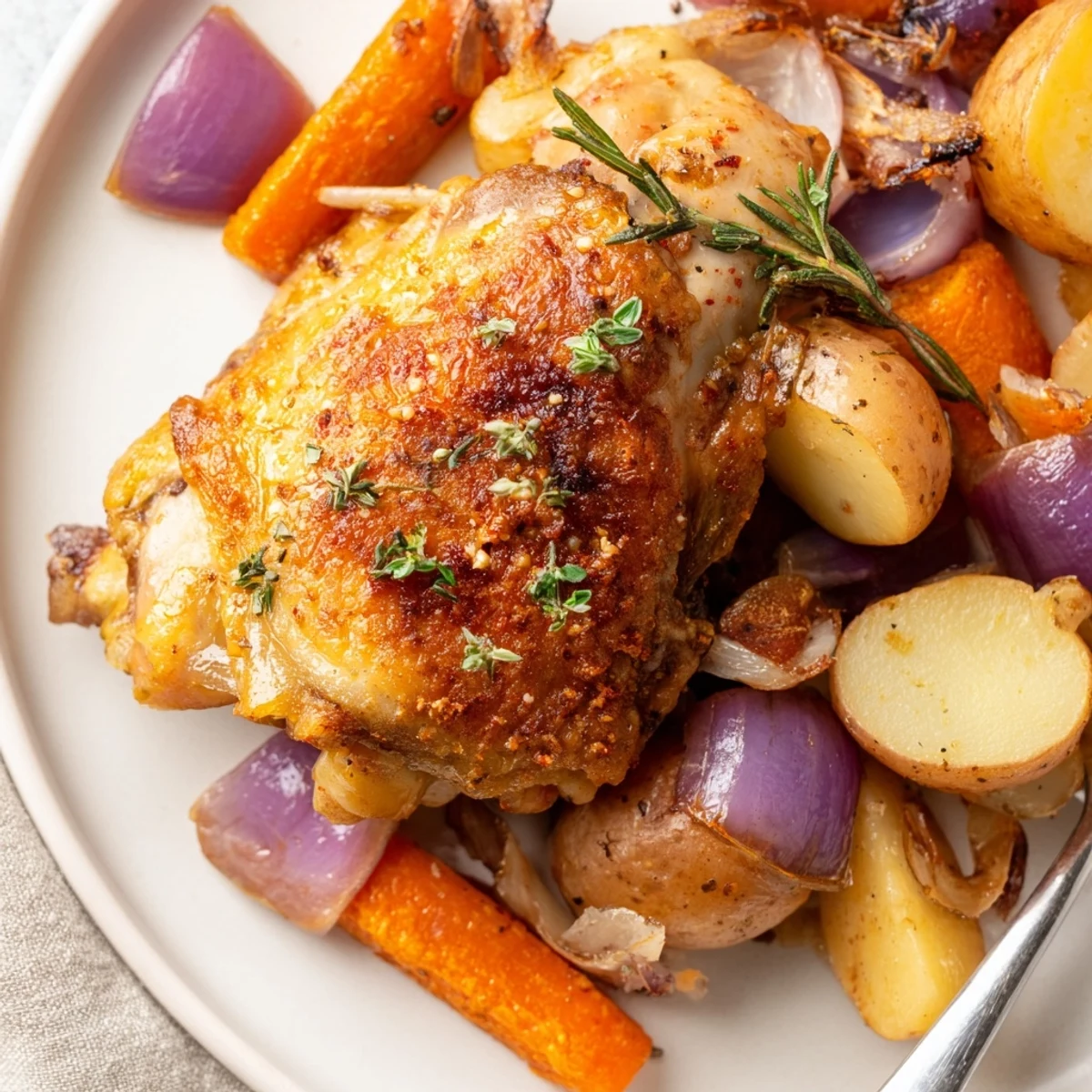 Oven-roasted Sheet Pan Chicken And Potatoes with baby potatoes, caramelized onions, garlic aroma