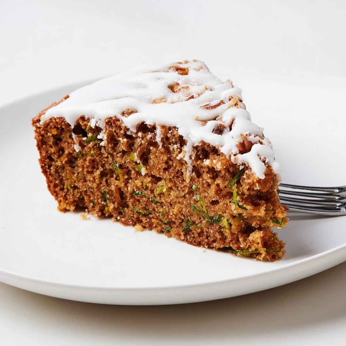 Zucchini Cake With Brown Sugar Icing, moist slices on plate with walnuts