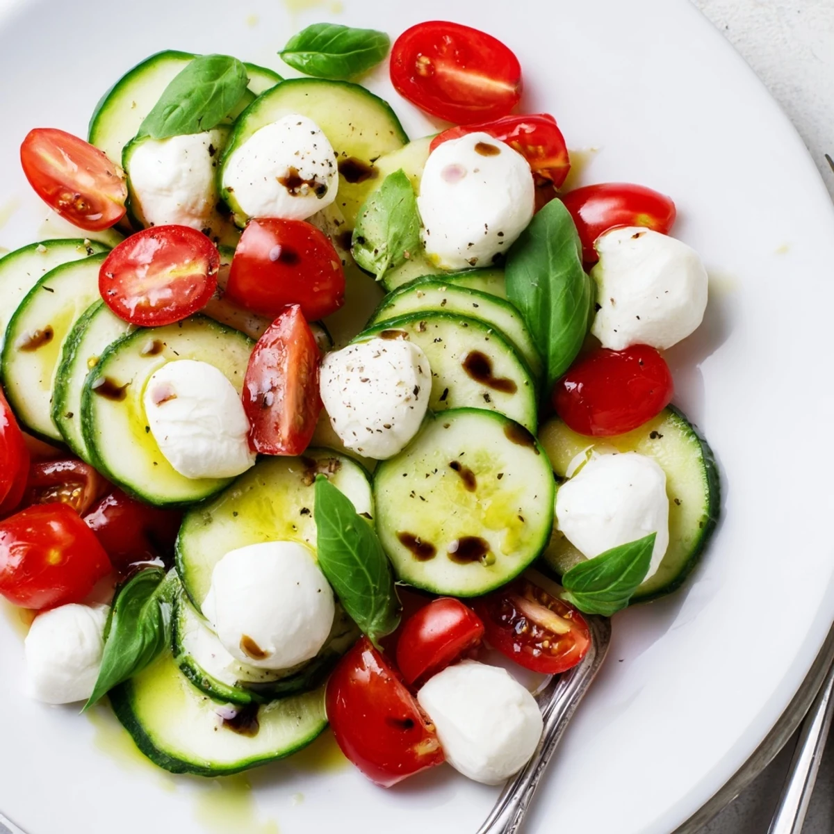 Juicy Cucumber Caprese Salad with glossy tomatoes, creamy mozzarella, fragrant basil  
