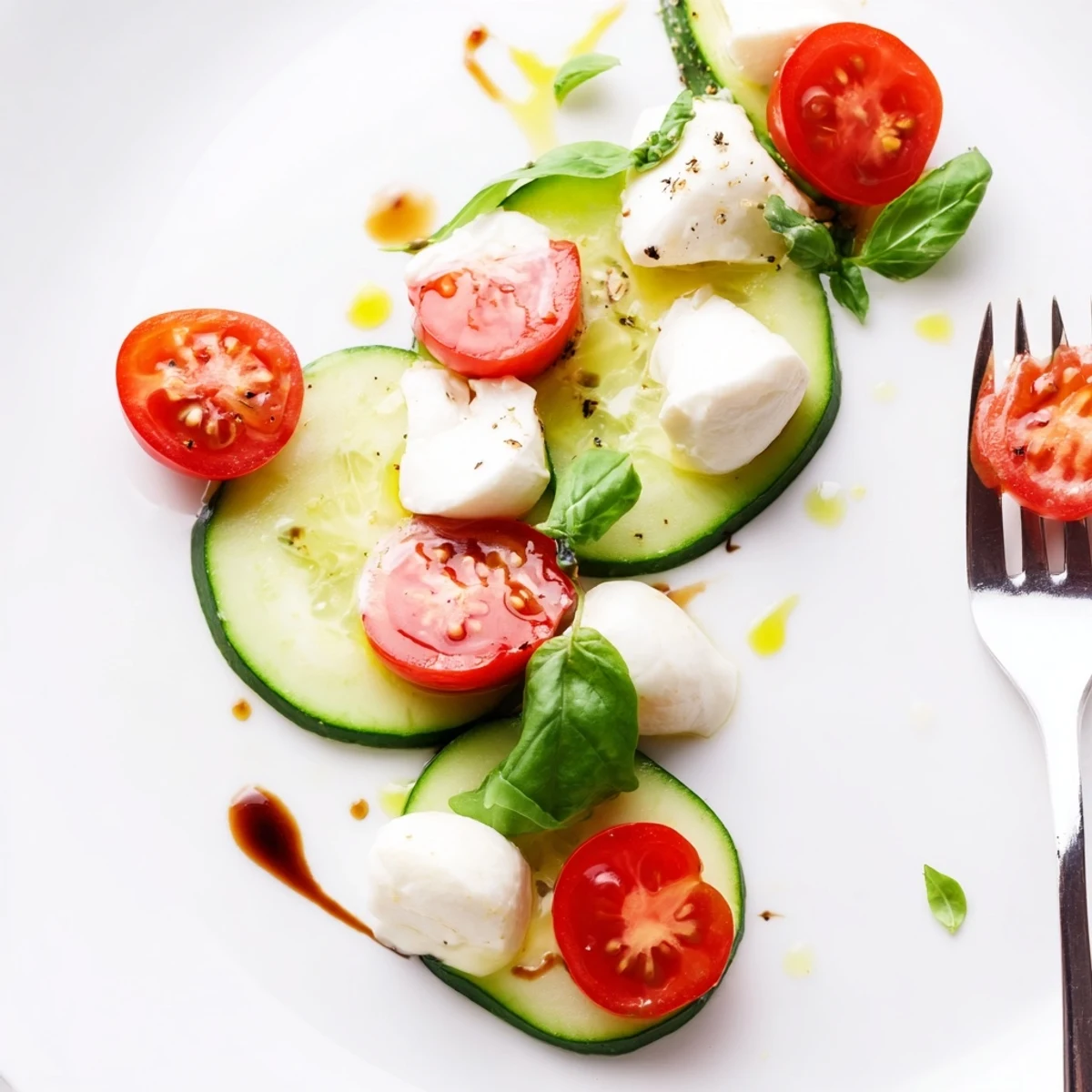 Bowl of Juicy Cucumber Caprese Salad drizzled with balsamic glaze, olive oil  