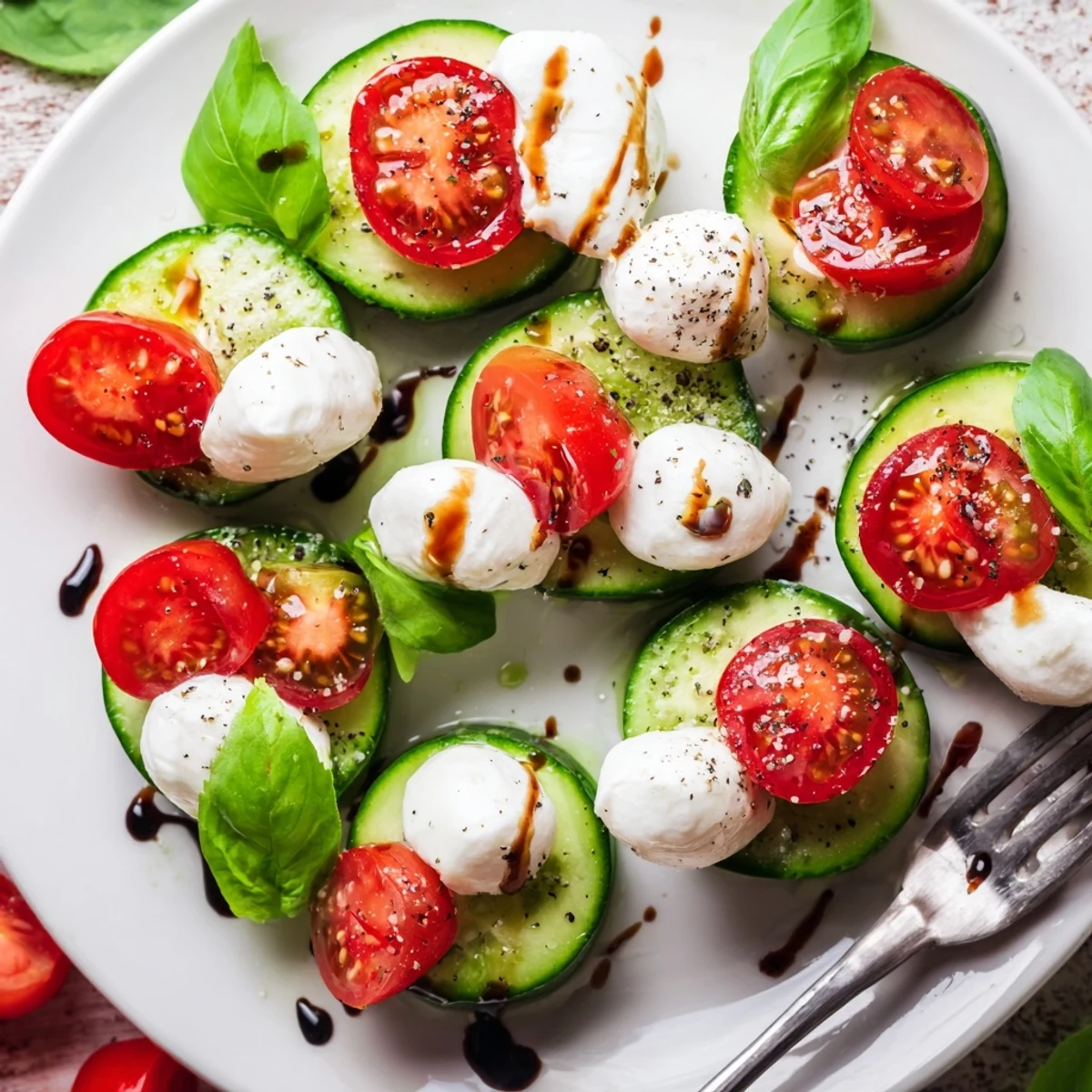 Bright Juicy Cucumber Caprese Salad chilled, tossed gently and served as appetizer