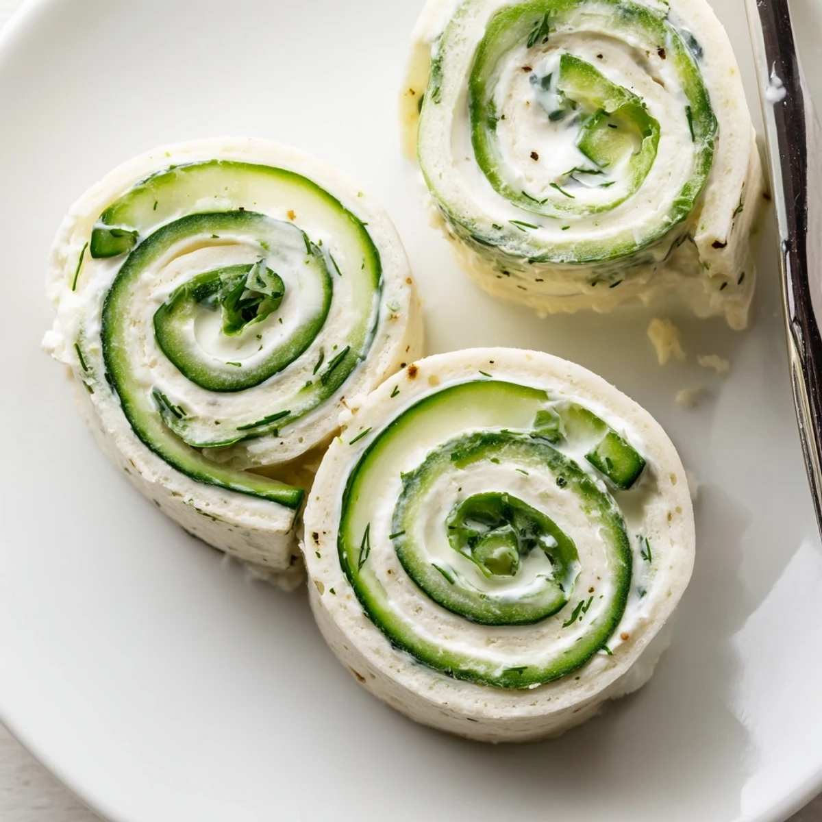 Stacked Cucumber And Dill Pinwheels showing crisp slices, tangy cream cheese center