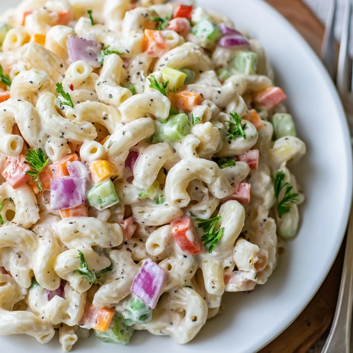 Creamy Macaroni Salad with crisp celery and bell pepper, chilled picnic ready.