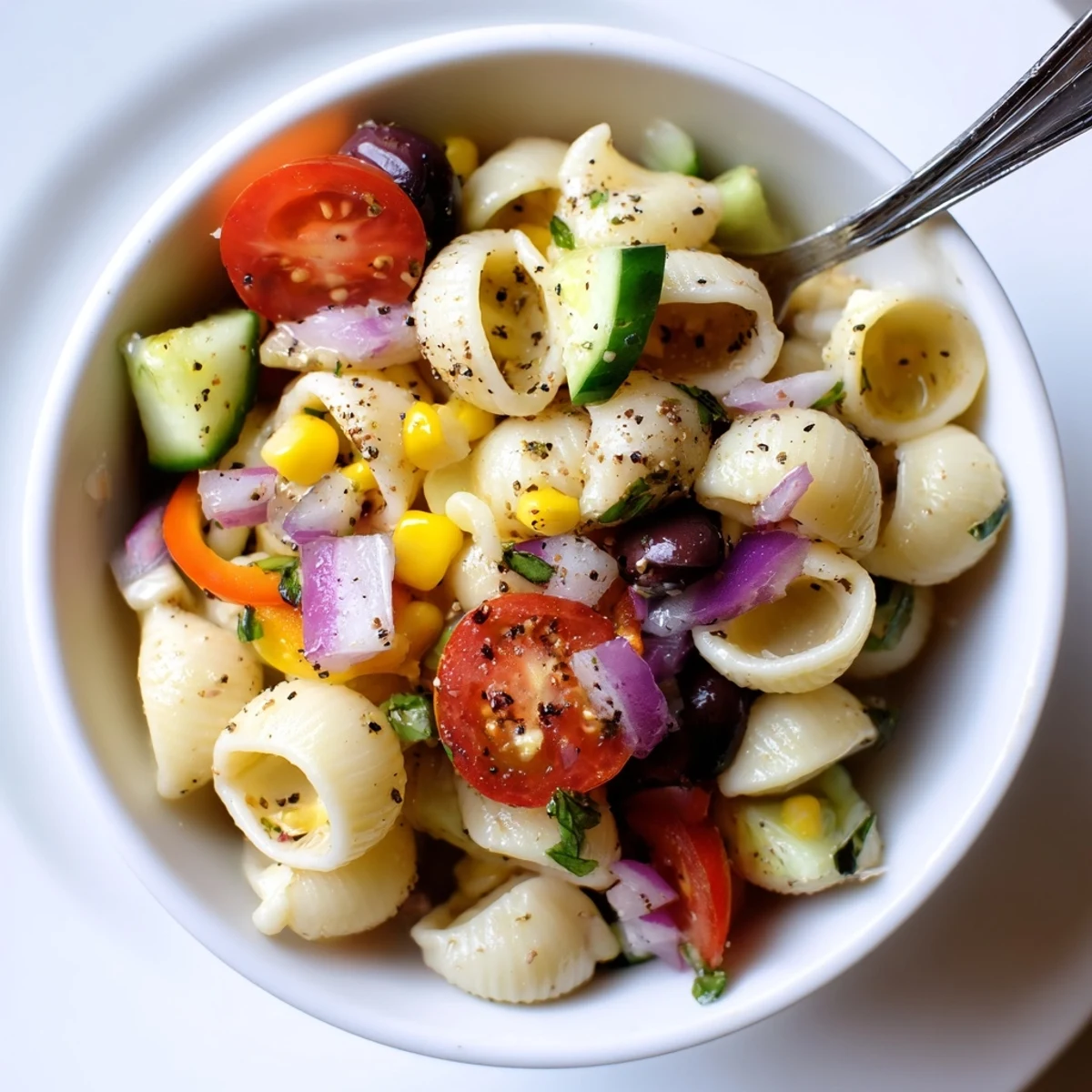 Pasta Salad Cups Recipe with colorful veggies, tangy dressing, chilled for parties.