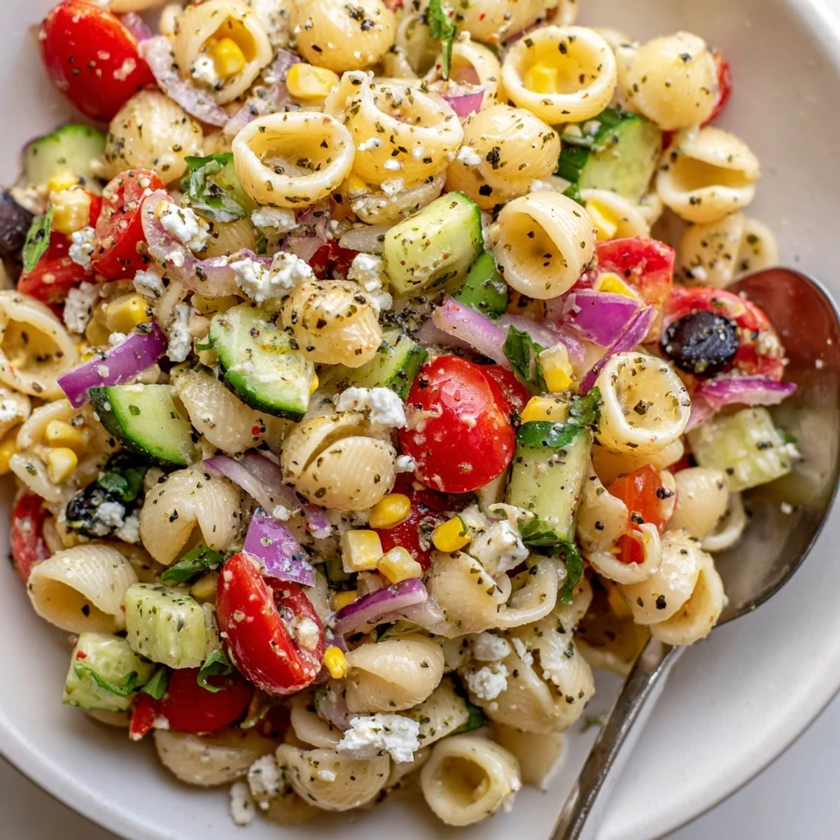 Bright Pasta Salad Cups Recipe served in clear cups, feta crumbles and basil.