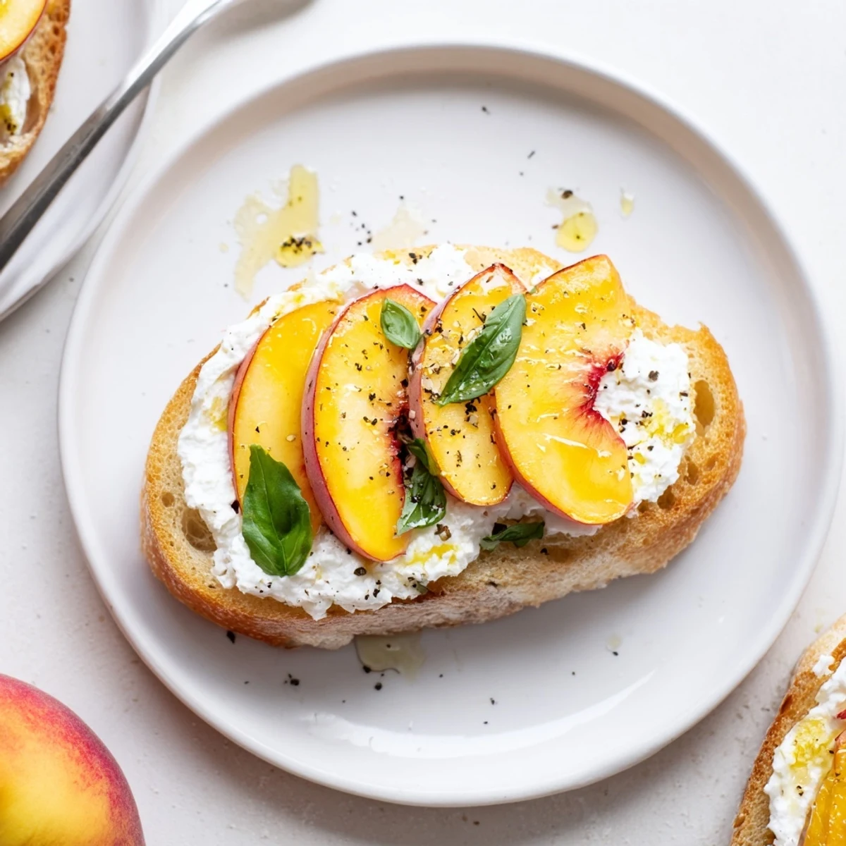 Peach Bruschetta With Whipped Ricotta on golden toasted baguette, basil garnish.