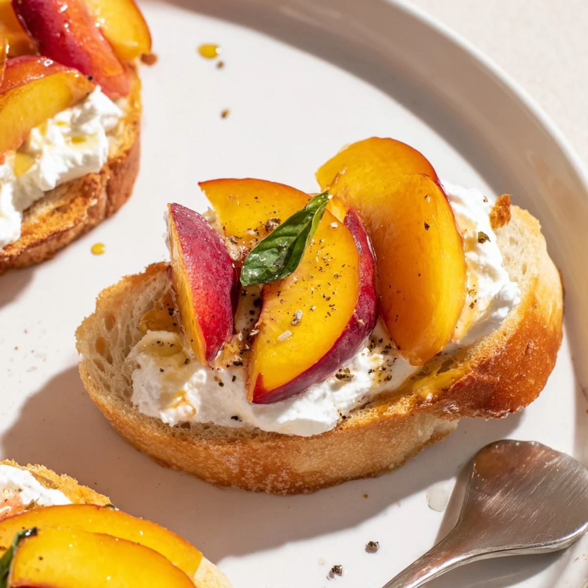 Summer Peach Bruschetta With Whipped Ricotta topped with honey drizzle and cracked pepper.