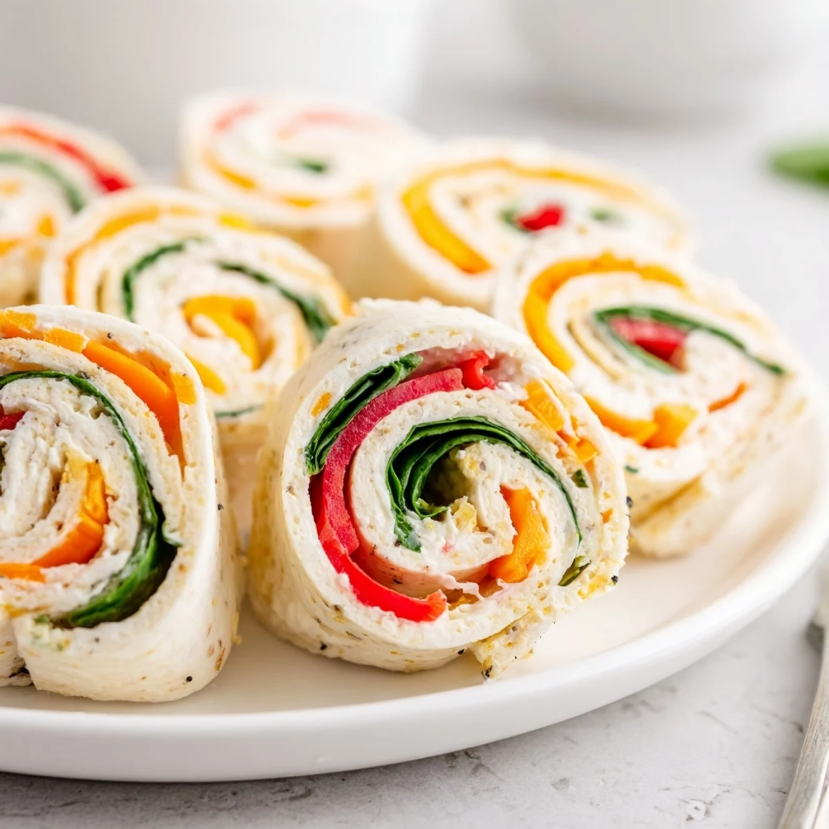 Pinwheel Sandwiches on a party platter, colorful spinach, cheddar, and crunchy carrots