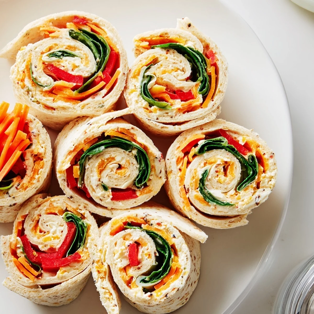 Cold Pinwheel Sandwiches sliced neatly, creamy spread and red pepper ribbons