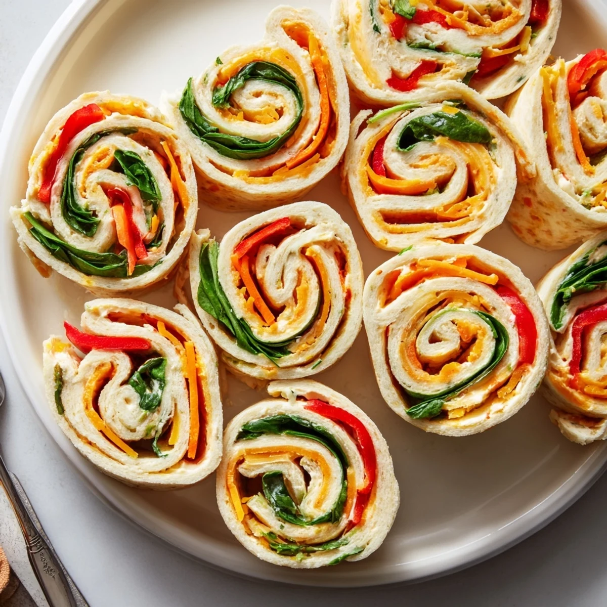 Tray of homemade Pinwheel Sandwiches chilled, tender tortilla spirals with savory filling