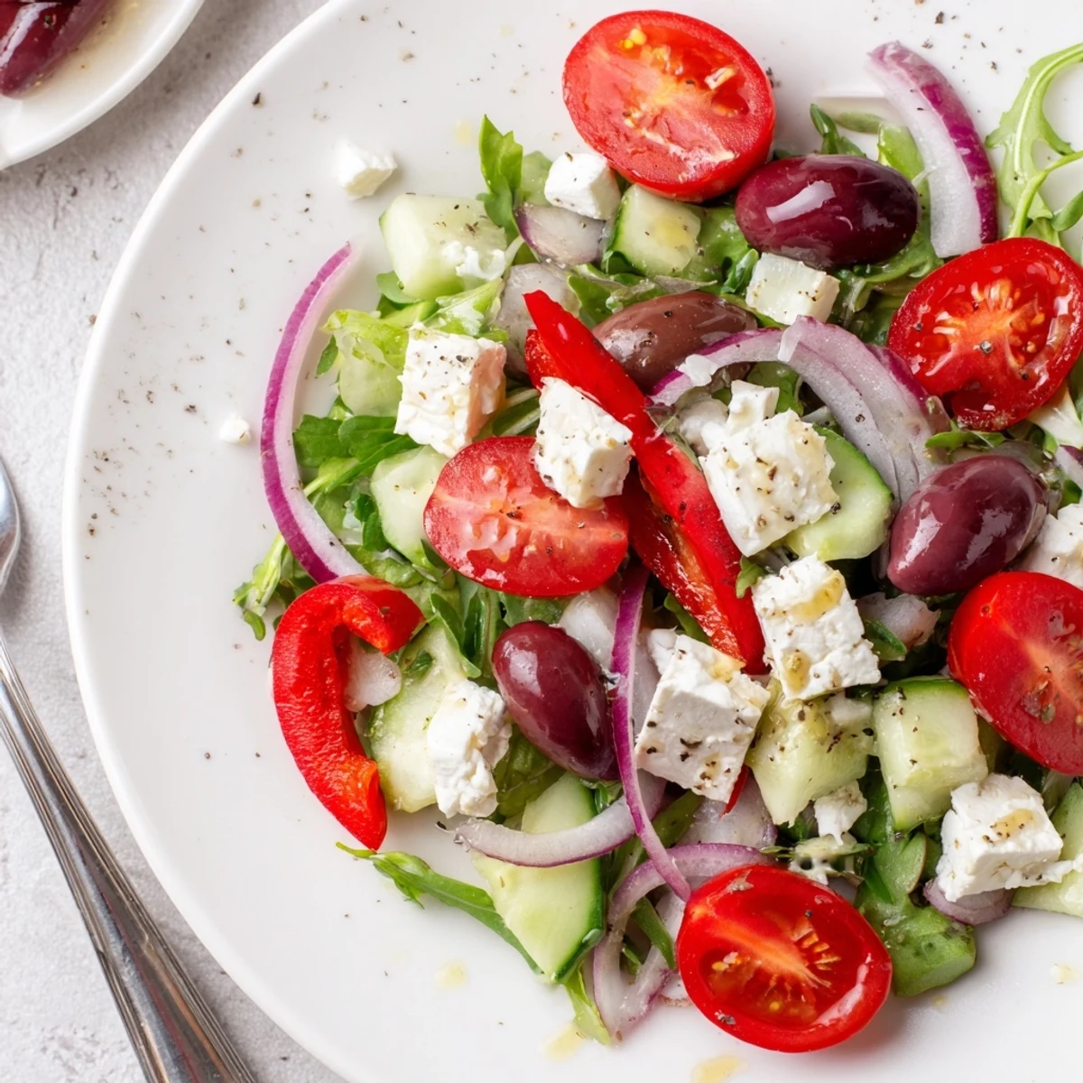 Fresh Salad Recipe in a bowl tossed with peppery arugula, crumbled feta