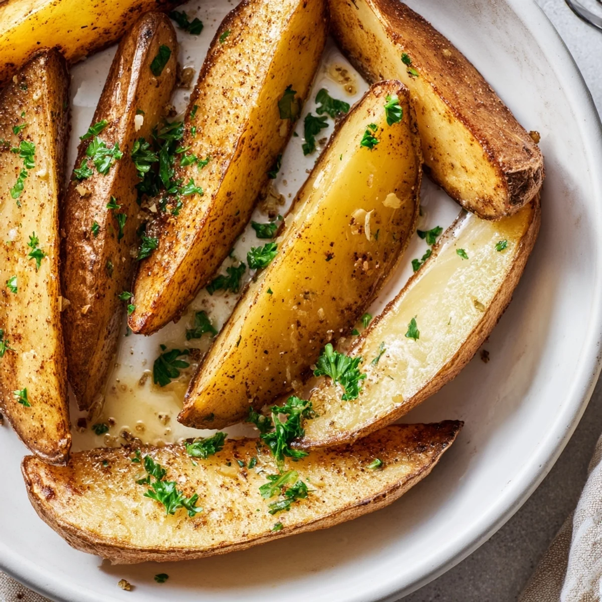 Seasoned Potato Wedges piled on parchment, sprinkled with parsley, served hot