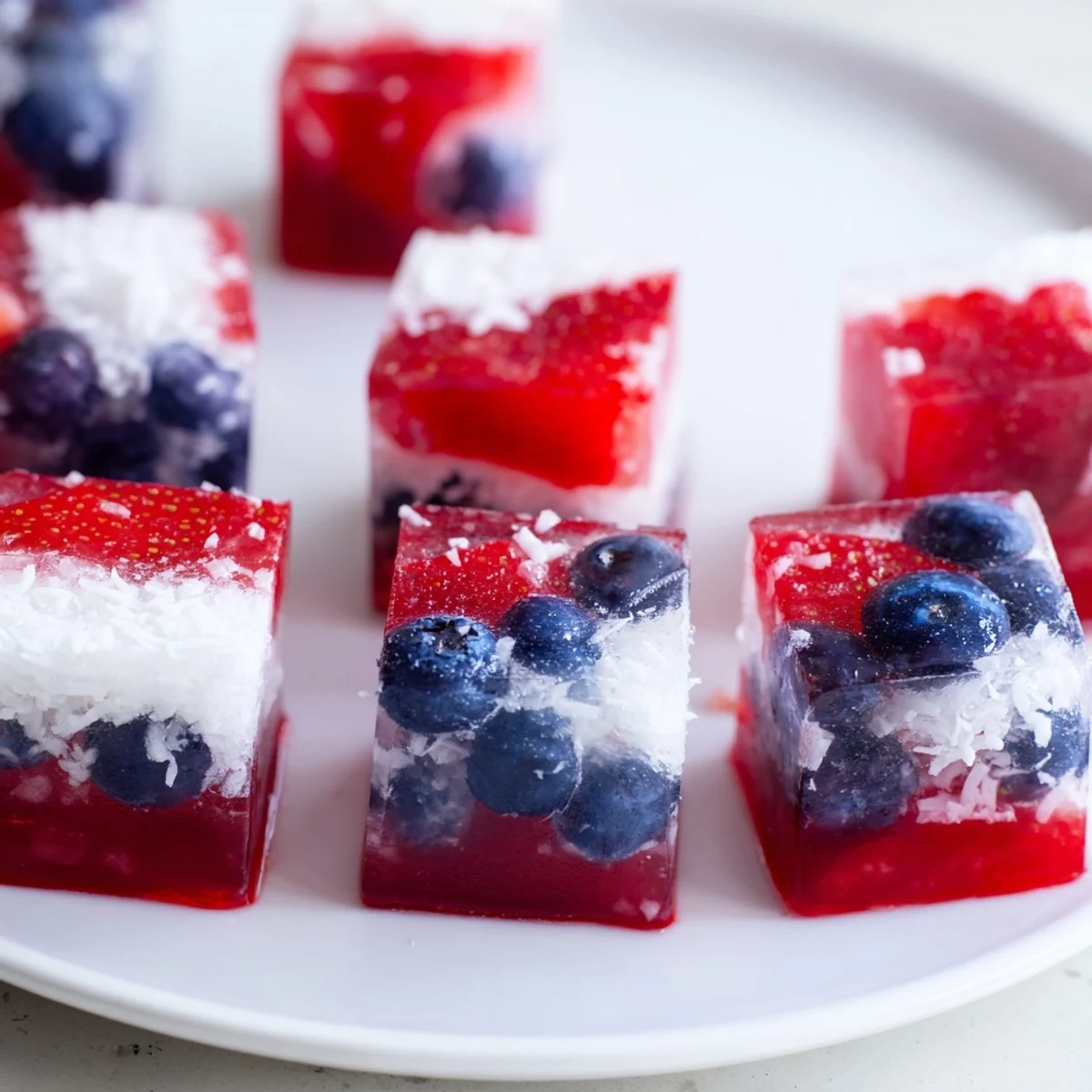 Close-up shows Red White And Blue Ice Cubes Recipe with juicy strawberry tops