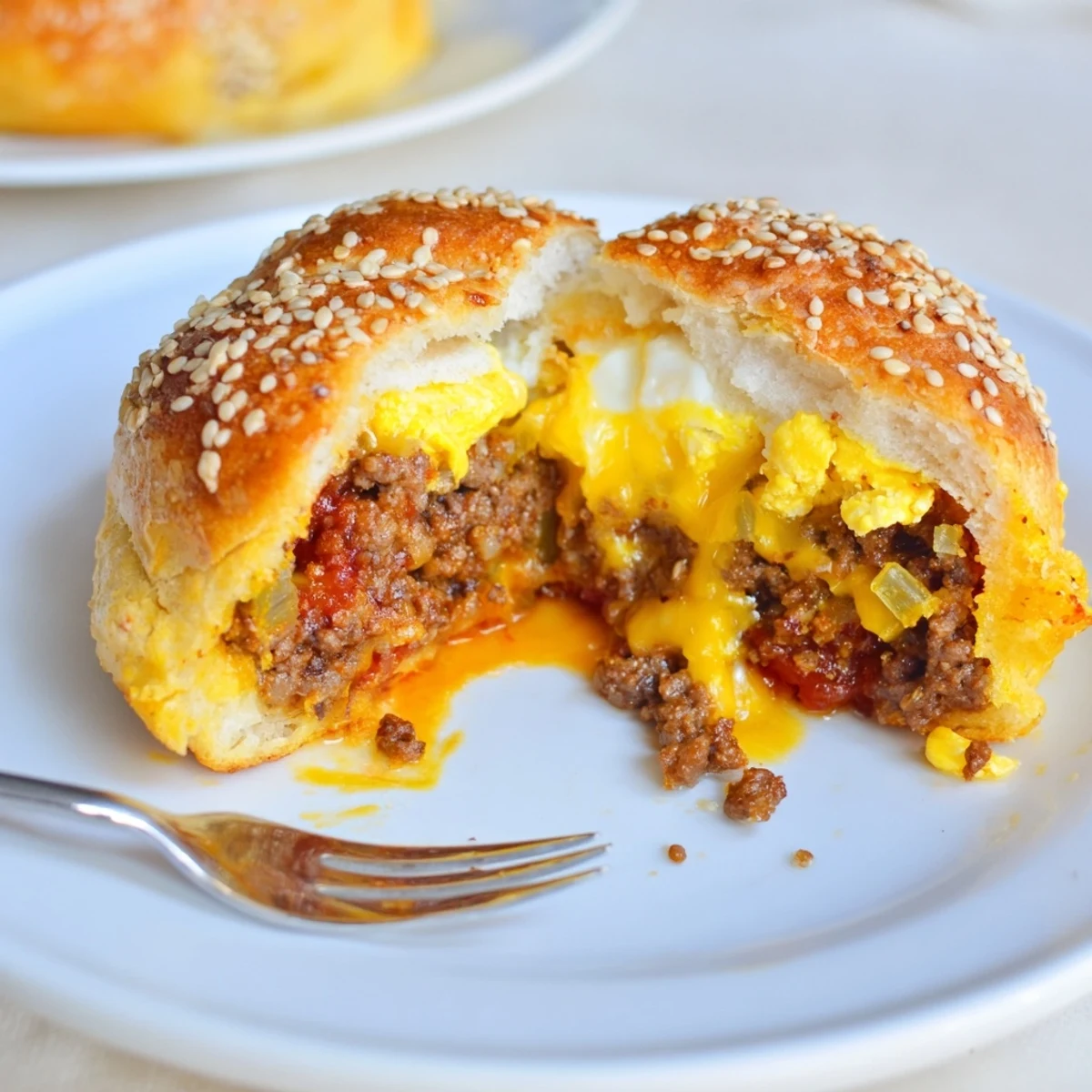 Golden-browned Cheesy Cheeseburger Bombs Explosion Recipe steaming, gooey cheese oozing, sesame-topped.