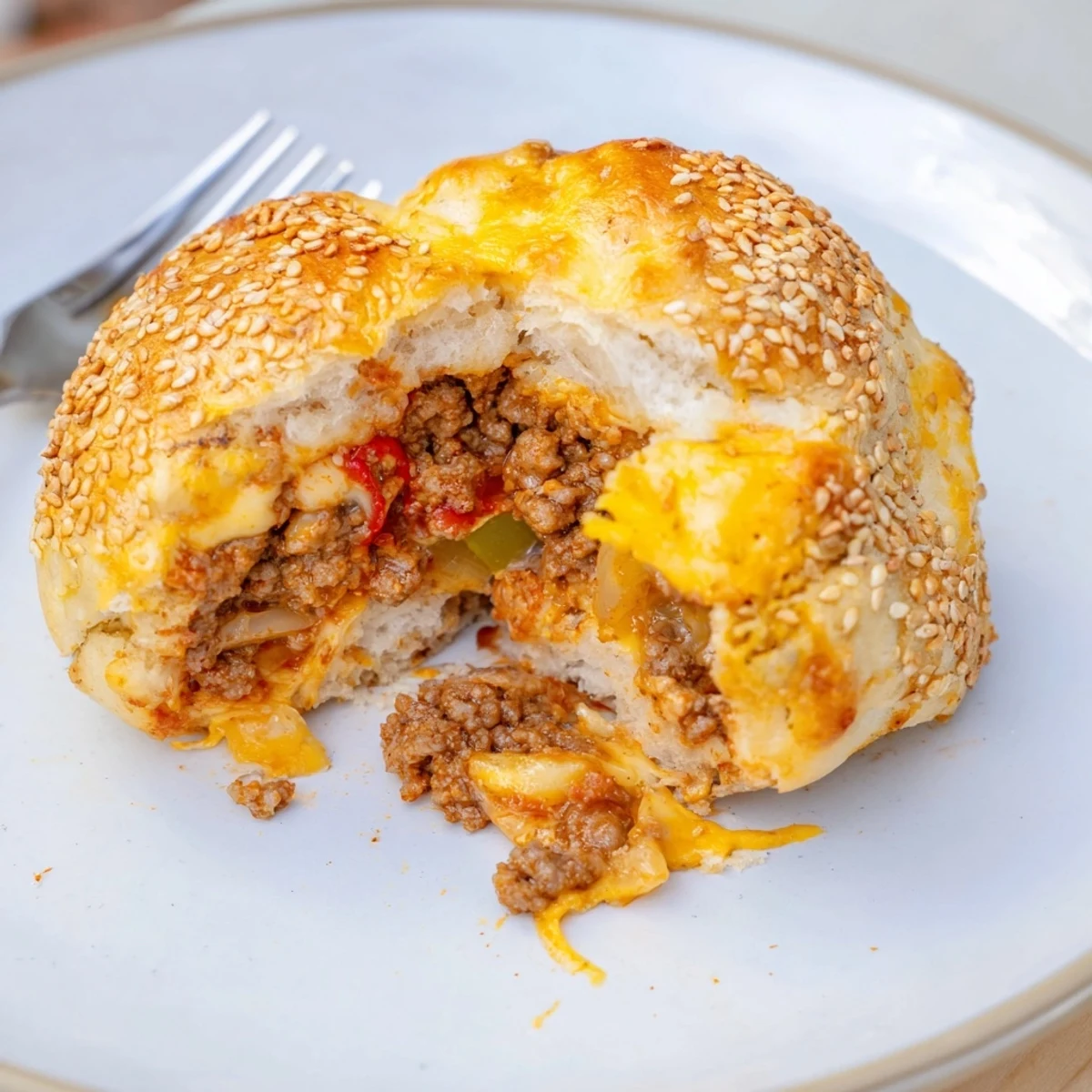 Crispy biscuit crust on Cheesy Cheeseburger Bombs Explosion Recipe, served with ketchup.