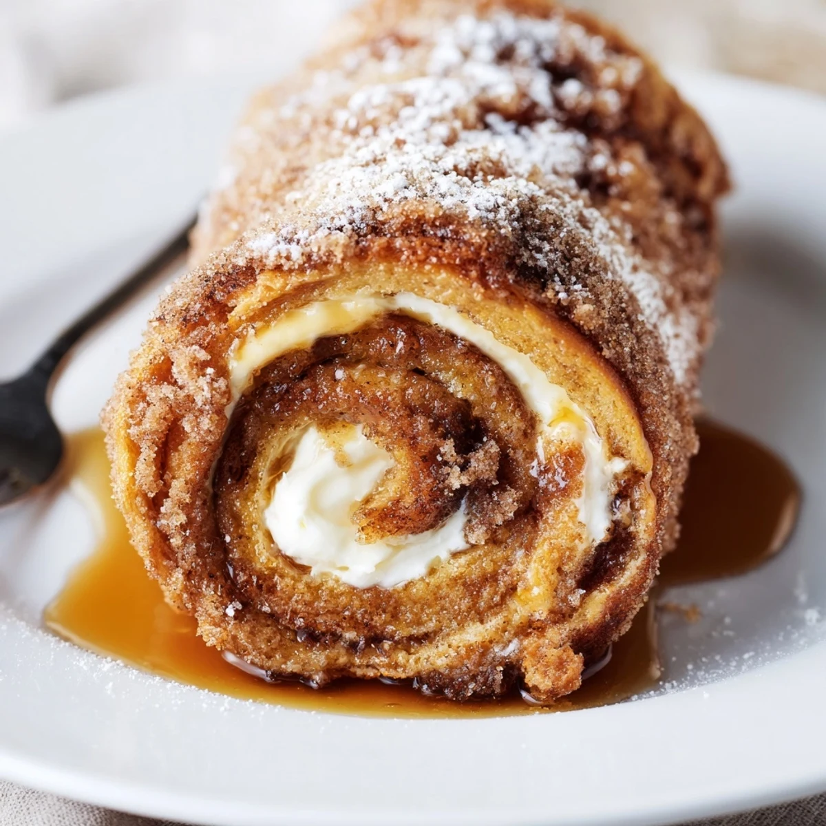 Cinnamon Roll French Toast Roll Ups warm, golden, cinnamon-sugar coated and cream-filled