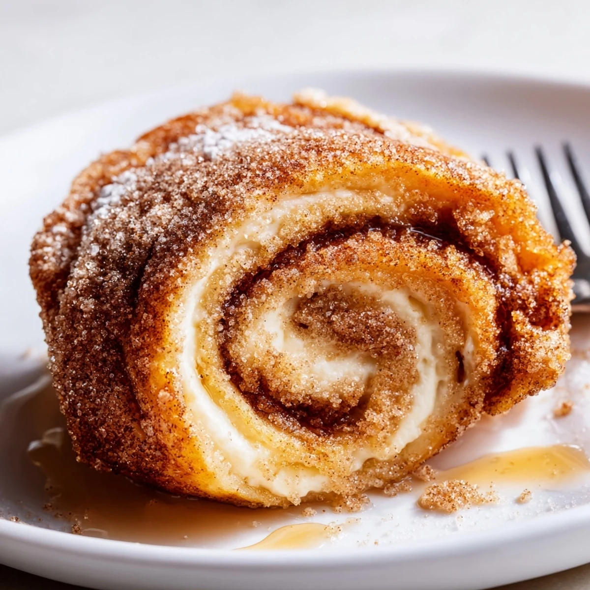 Cinnamon Roll French Toast Roll Ups on plate, butter-brushed, drizzled with syrup