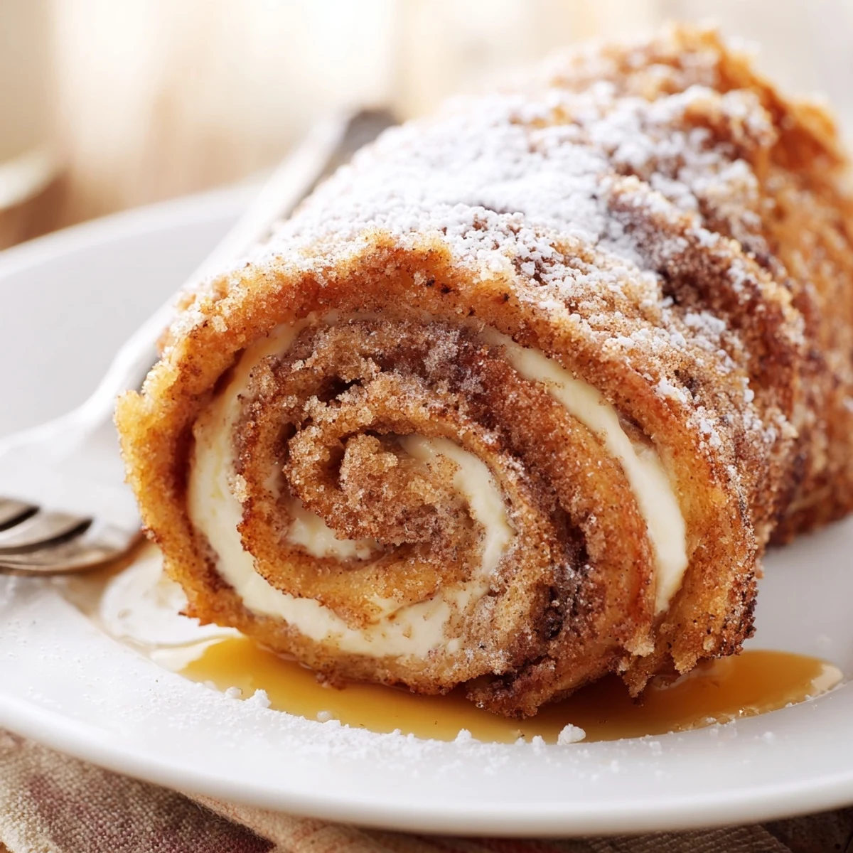 Close-up of Cinnamon Roll French Toast Roll Ups sizzling in skillet, powdered-sugar dusted