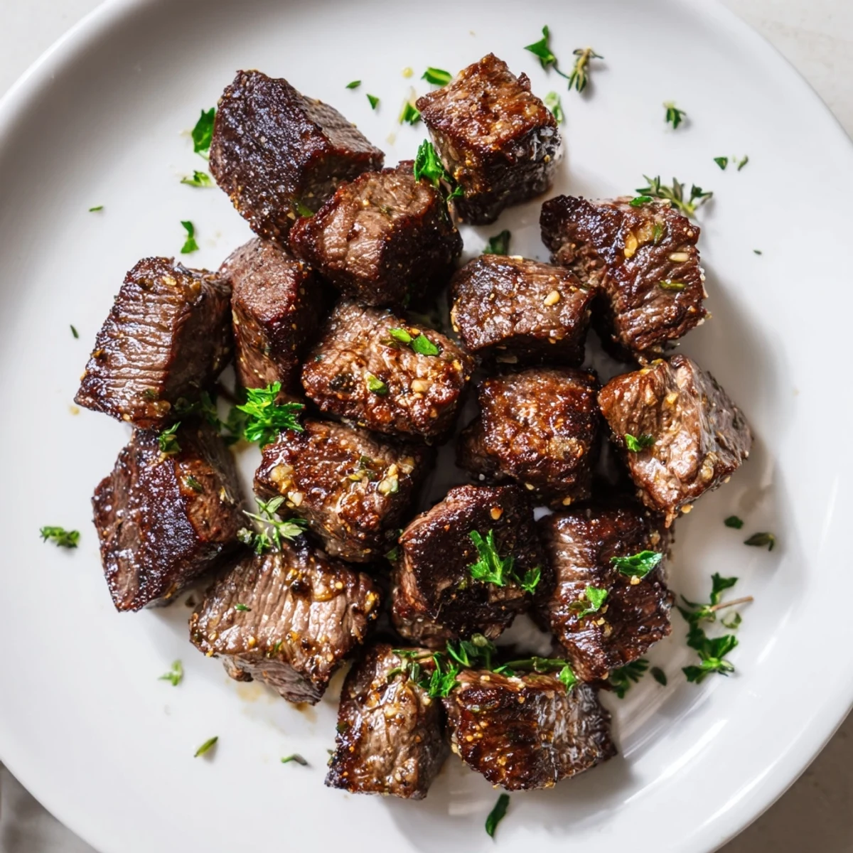 Garlic Butter Steak Bites sizzling in skillet, glossy butter and browned edges