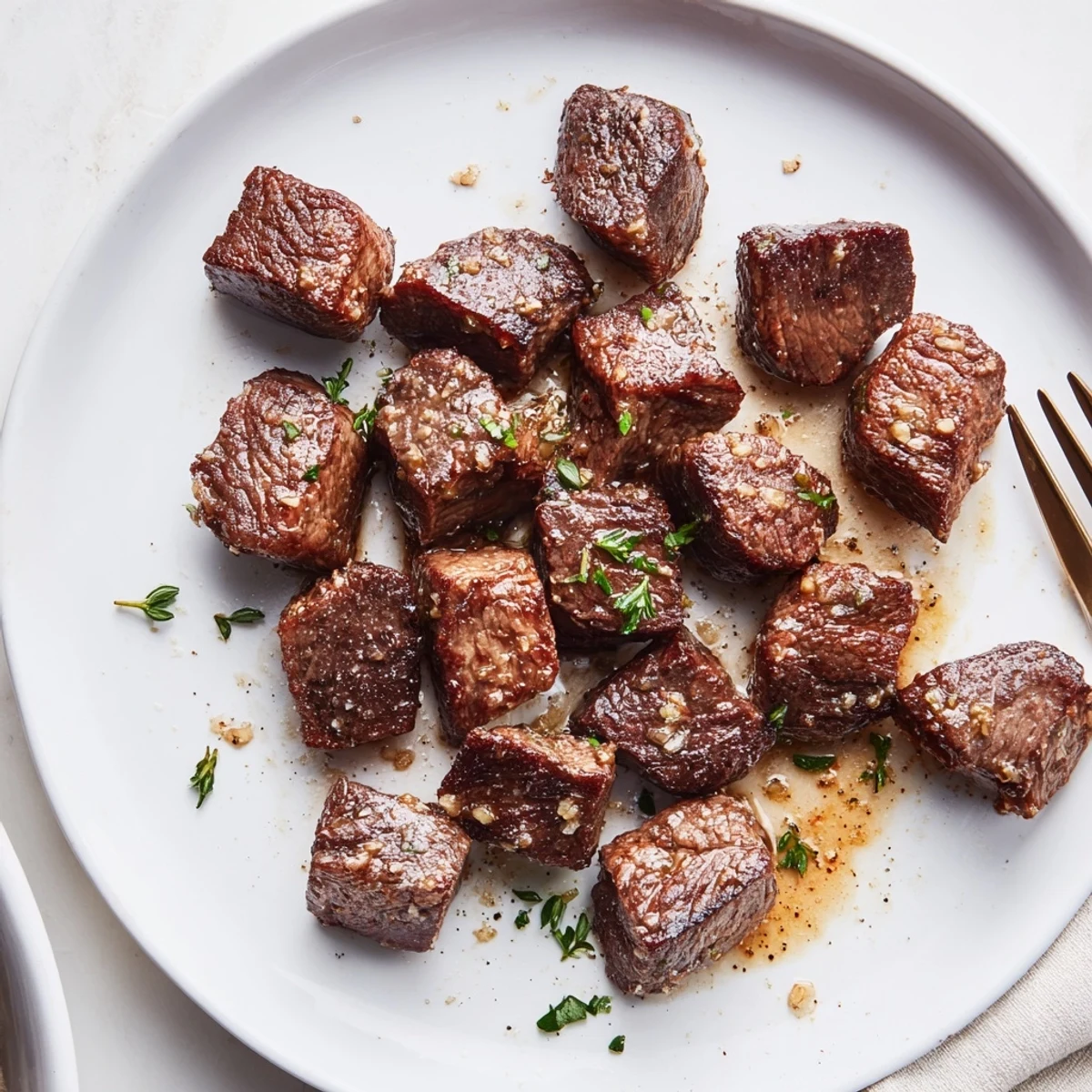 Pan-seared Garlic Butter Steak Bites tossed with parsley, fragrant garlic aroma