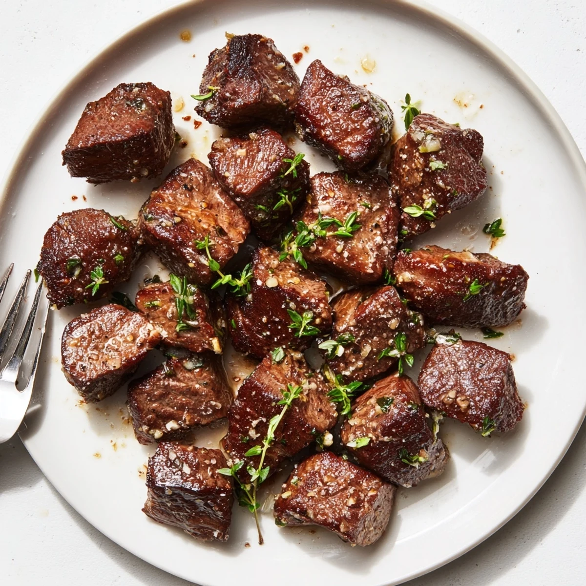 Garlic Butter Steak Bites served over mashed potatoes, rich buttery sauce dripping