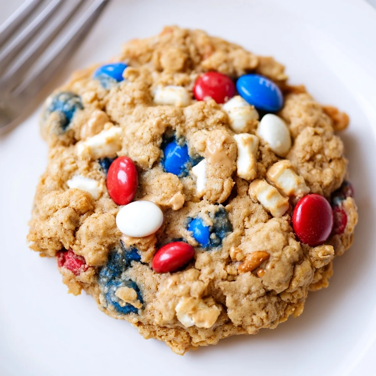 Warm Patriotic Monster Cookies Recipe with chewy oats, peanut butter, and candies