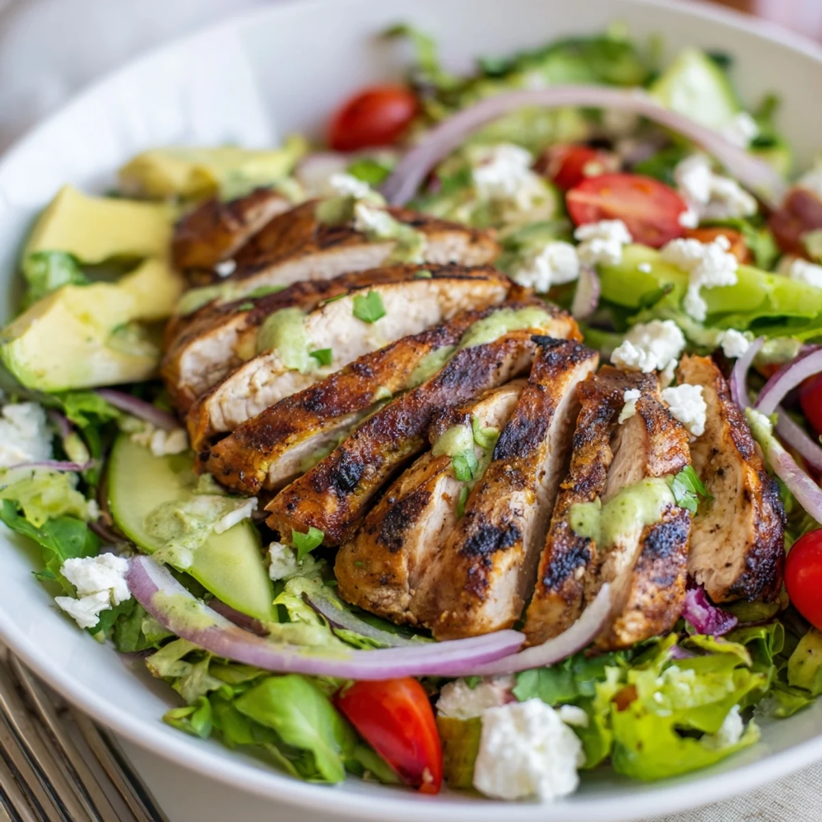 Grilled Chicken Salad Avocado Herb Dressing Recipe with sliced smoky chicken and vibrant greens.