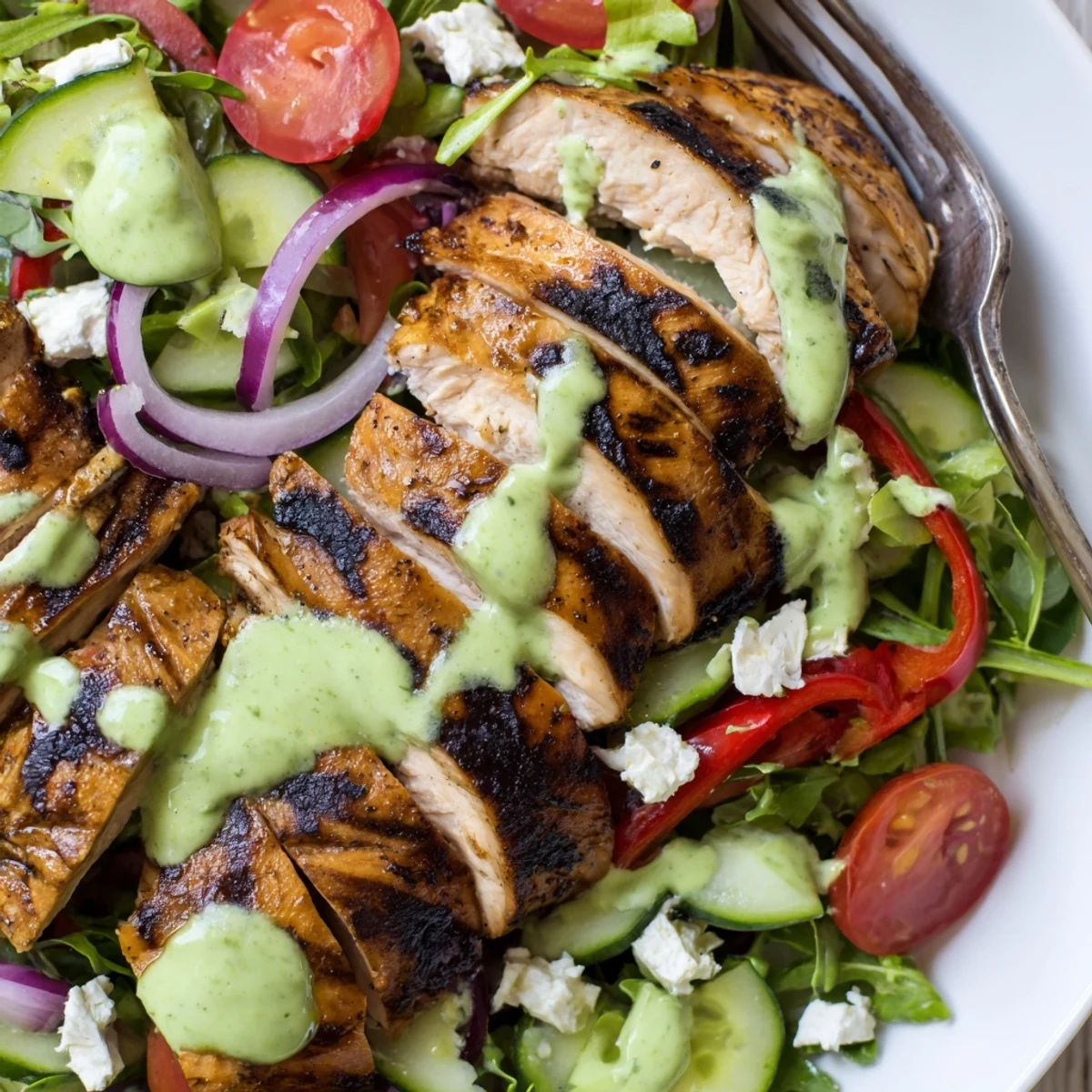 Bright Grilled Chicken Salad Avocado Herb Dressing Recipe drizzled with creamy zesty dressing.