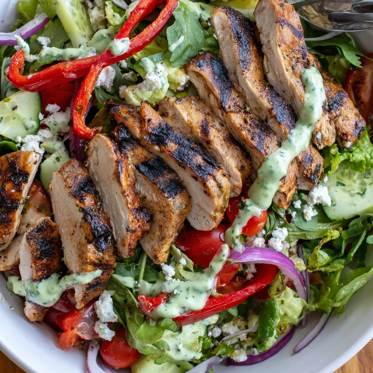 Weekend lunch Grilled Chicken Salad Avocado Herb Dressing Recipe served warm with crisp cucumbers.