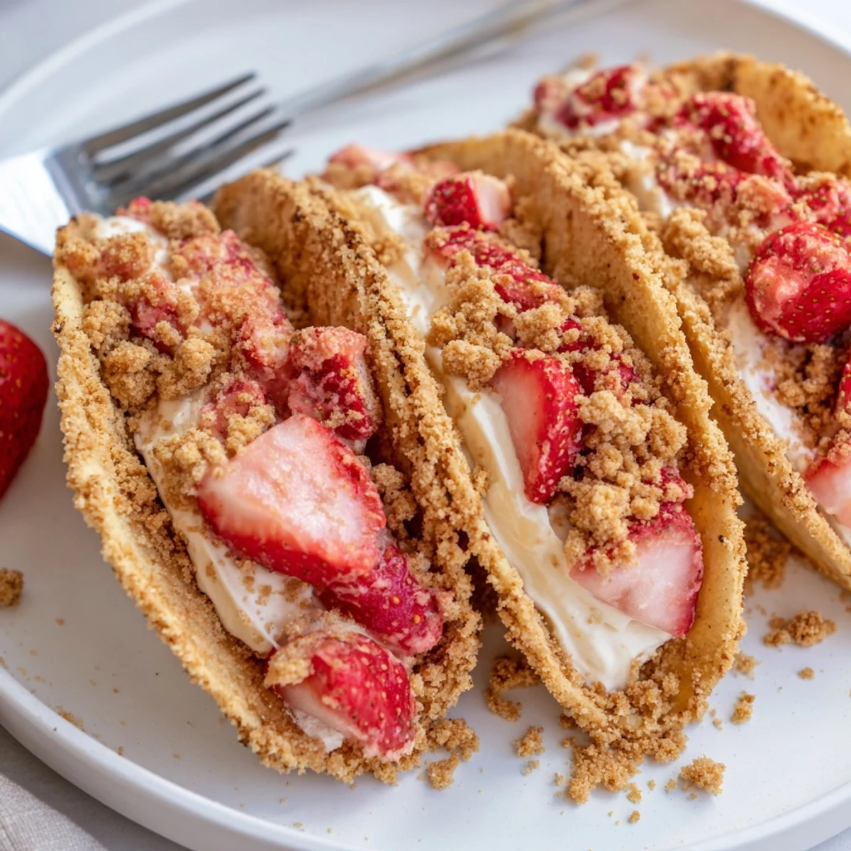 Strawberry Crunch Cheesecake Tacos with creamy filling and diced strawberries, perfect for parties