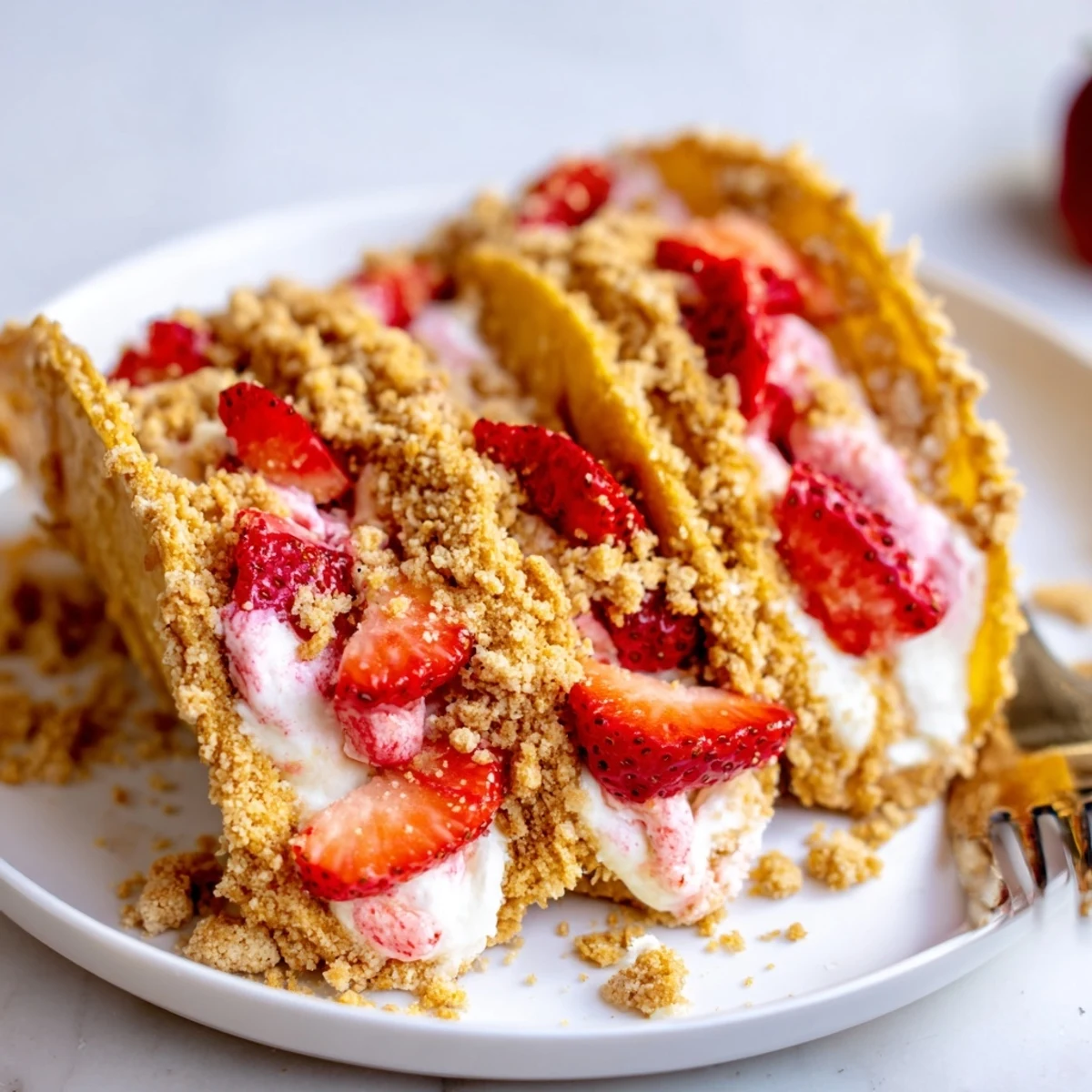 Golden shells of Strawberry Crunch Cheesecake Tacos coated in crunchy strawberry crumbs