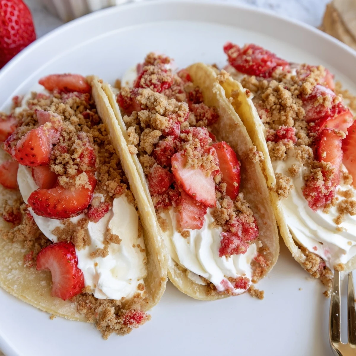 Chilled Strawberry Crunch Cheesecake Tacos piped with vanilla cream and fresh berries