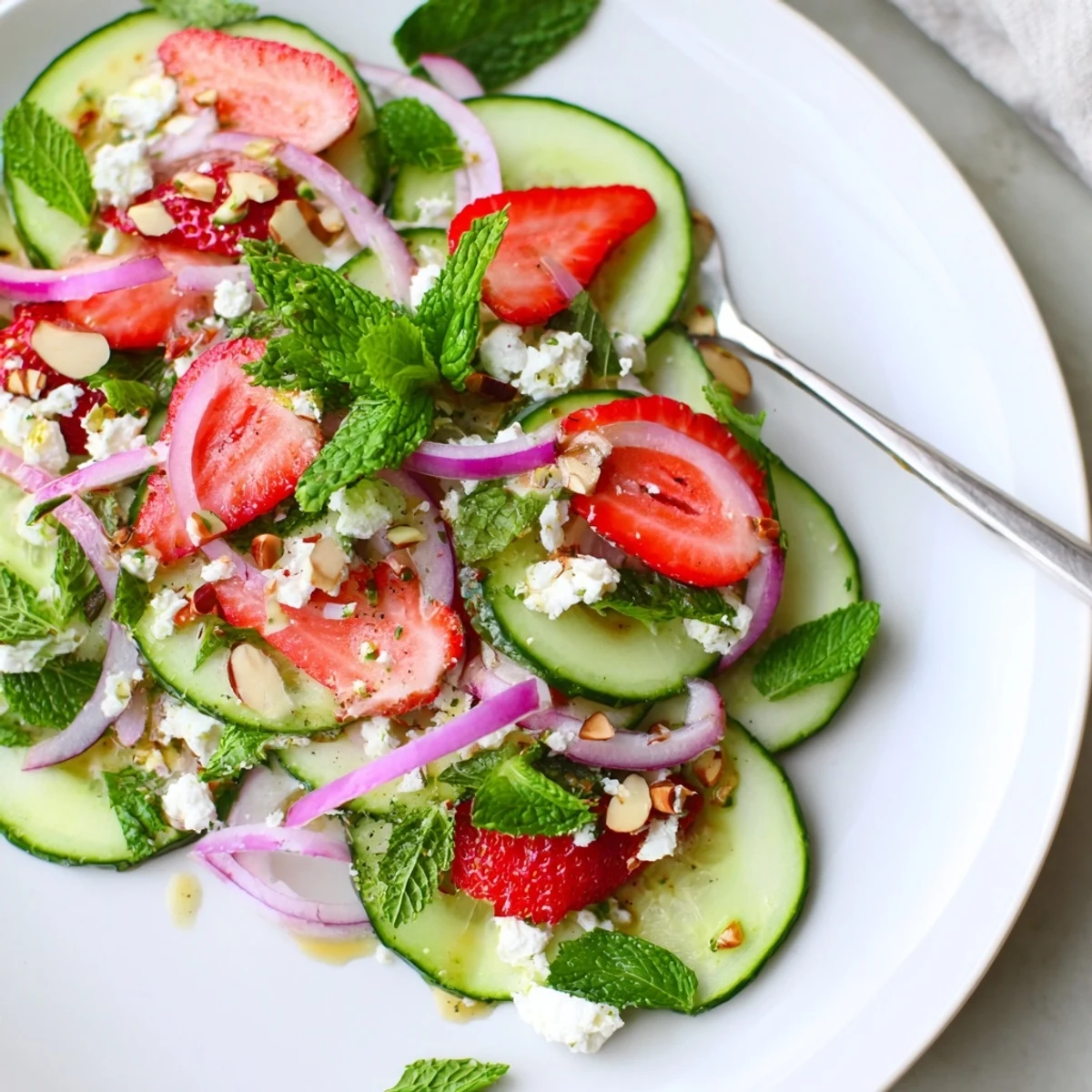 Bright Cucumber Strawberry Salad Recipe tossed in tangy balsamic-honey dressing, served as side.